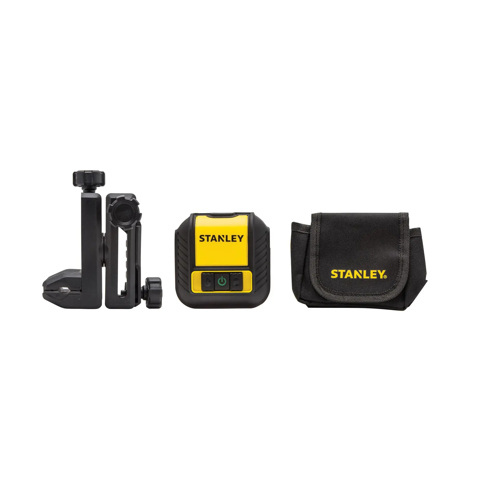 Foto del kit livella laser STANLEY STHT77499-1 giallo e nero con staffa e custodia, vista frontale.