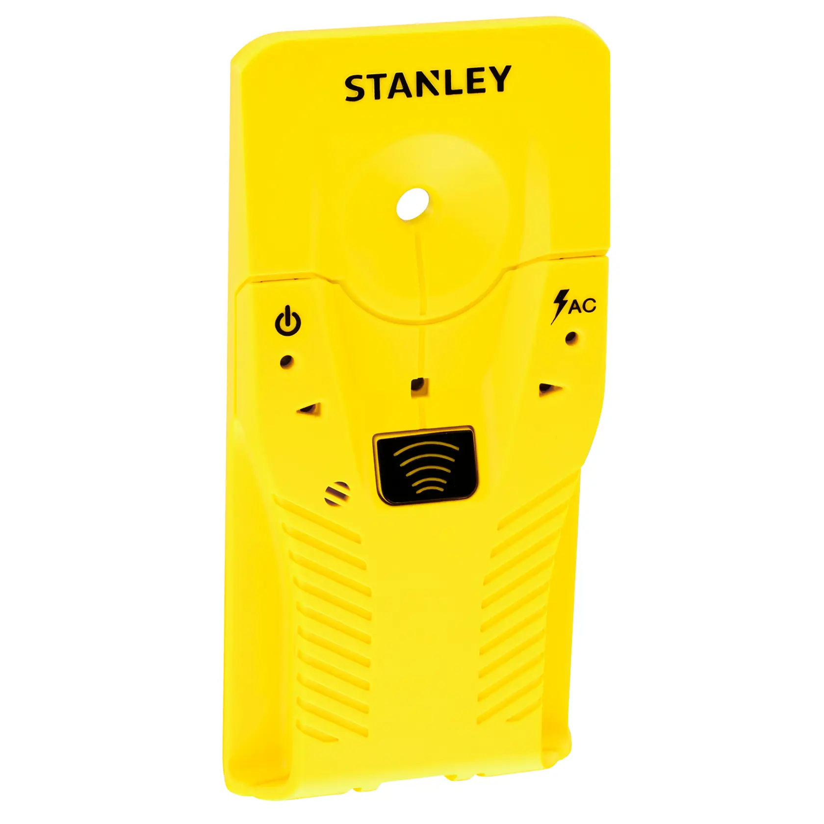 Fotografia del cerca montanti giallo STANLEY STHT77587-0 con pulsanti di accensione e rilevamento AC, su sfondo bianco.