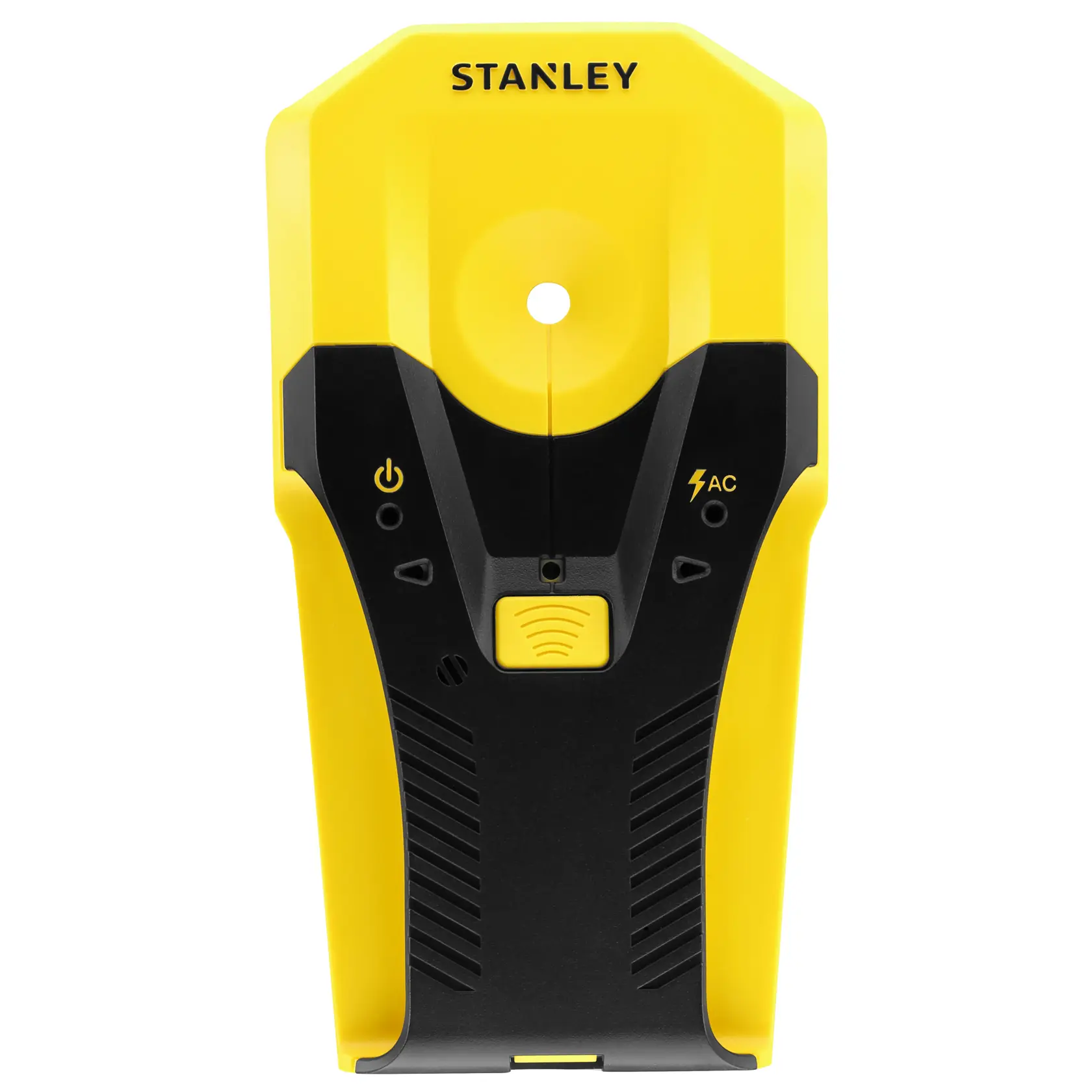 STANLEY STHT77588-0 scanner da parete angolo frontale, giallo e nero con pulsanti di controllo.