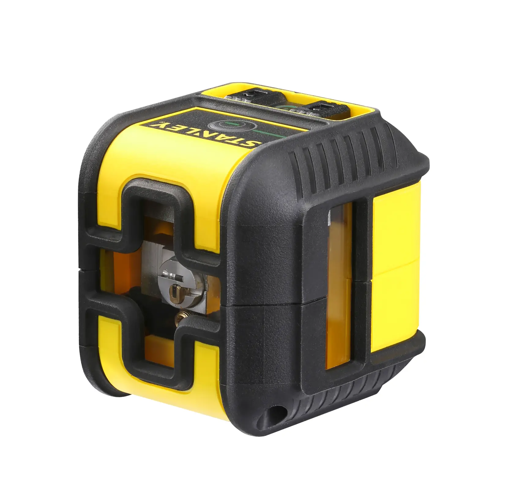 STANLEY STHT77592-1 livella laser a linee incrociate, gialla e nera, vista angolata su sfondo bianco.