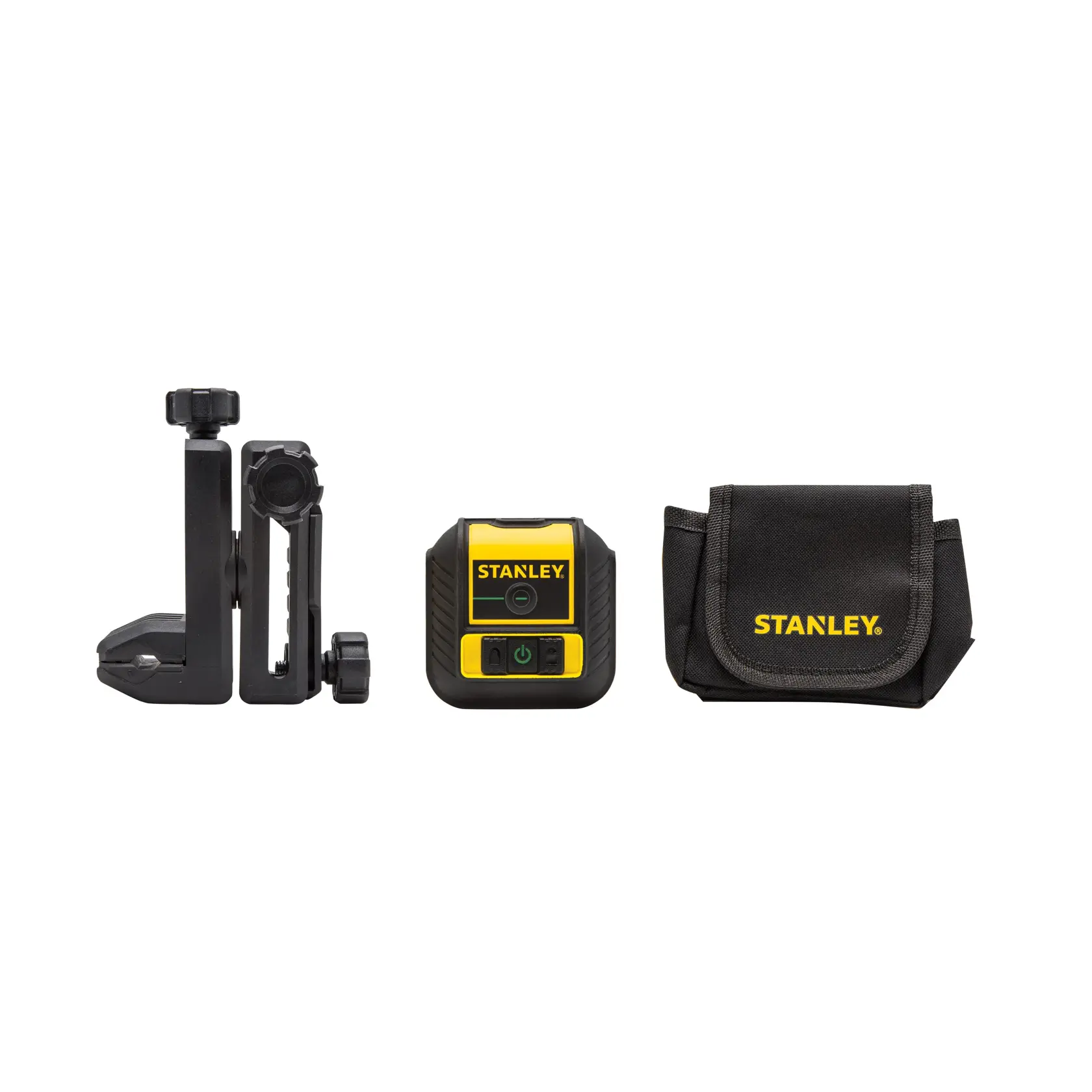 Kit livello laser STANLEY STHT77592-1 con staffa di montaggio e custodia nera, vista frontale su sfondo bianco.