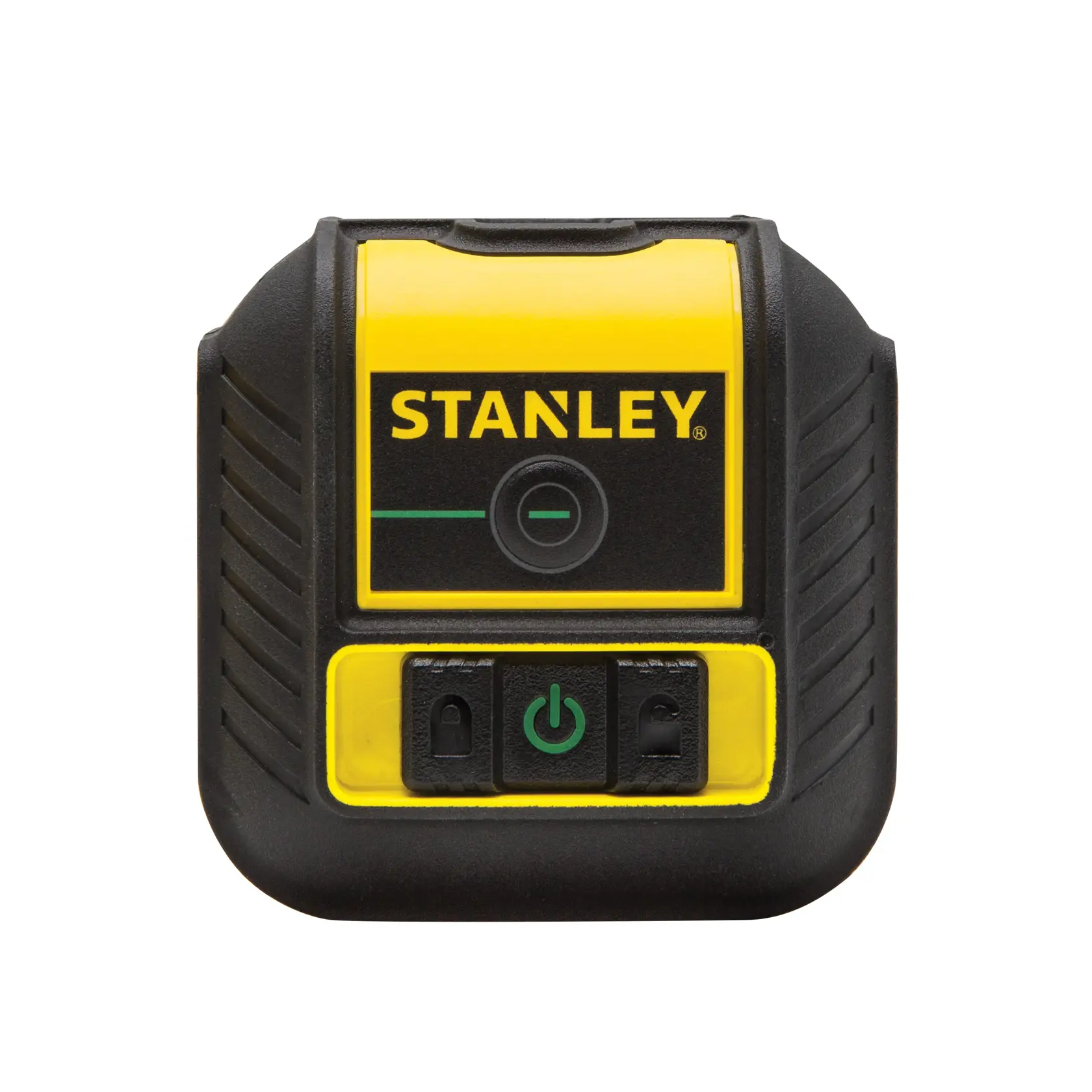 STANLEY STHT77592-1 livella laser, gialla e nera, vista frontale su sfondo bianco.