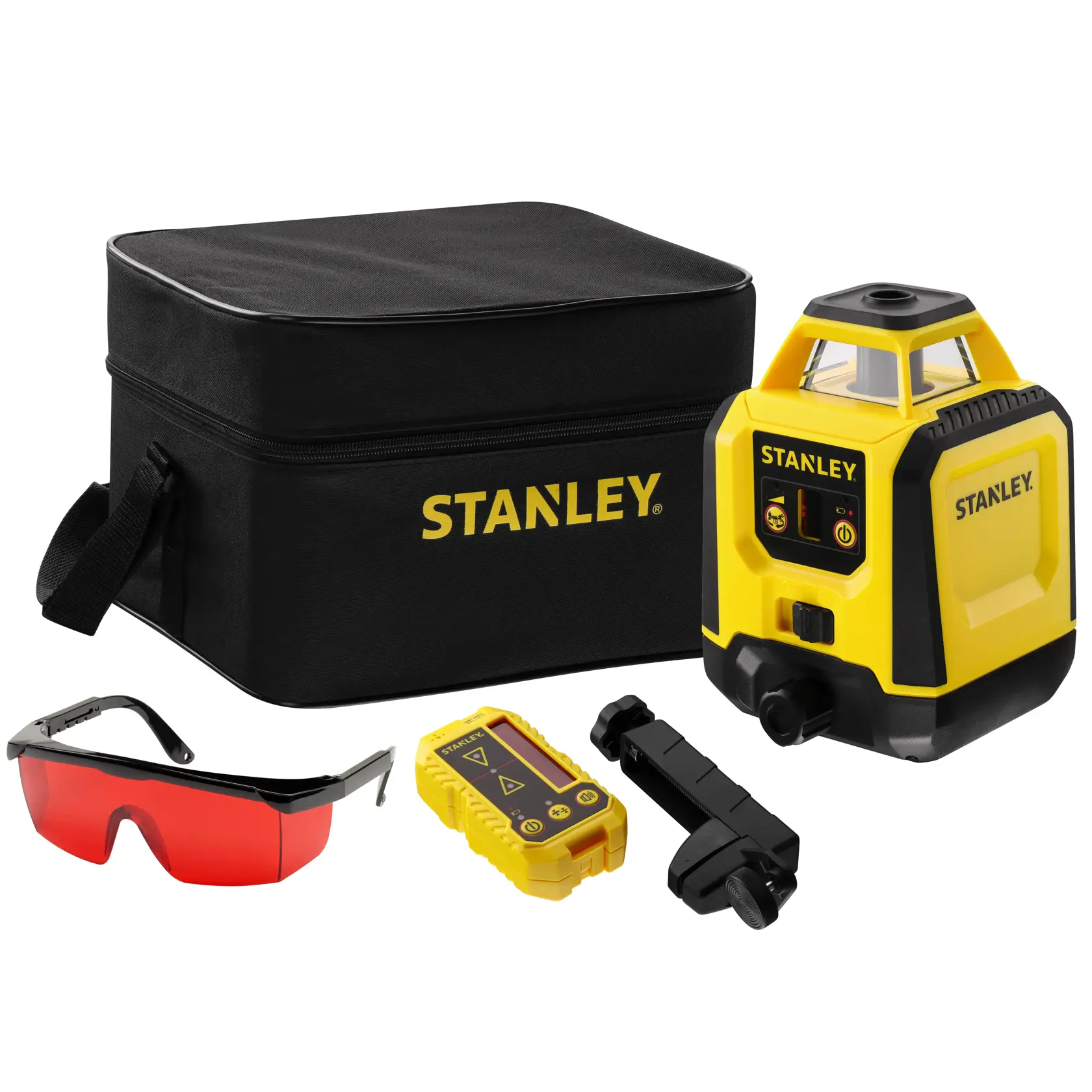 Foto del kit livello laser rotativo STANLEY STHT77616-0 con custodia, occhiali rossi, rilevatore e staffa.