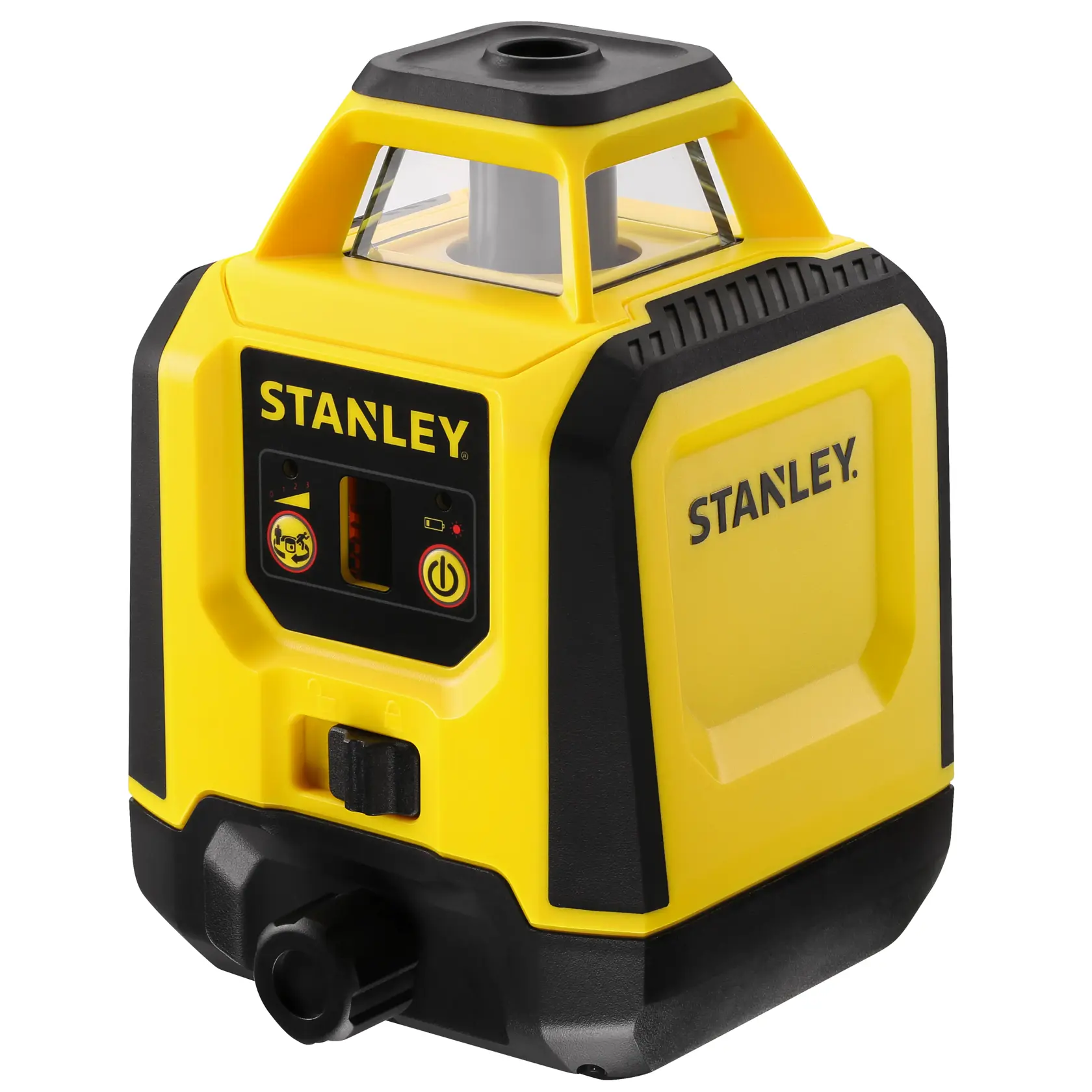 STANLEY STHT77616-0 livello laser rotante giallo e nero, vista frontale angolata, comandi visibili, design robusto.