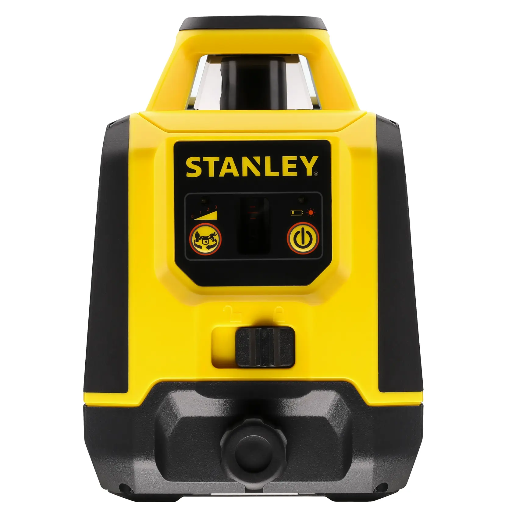 STANLEY STHT77616-0 livello laser rotativo giallo e nero, vista frontale su sfondo bianco.