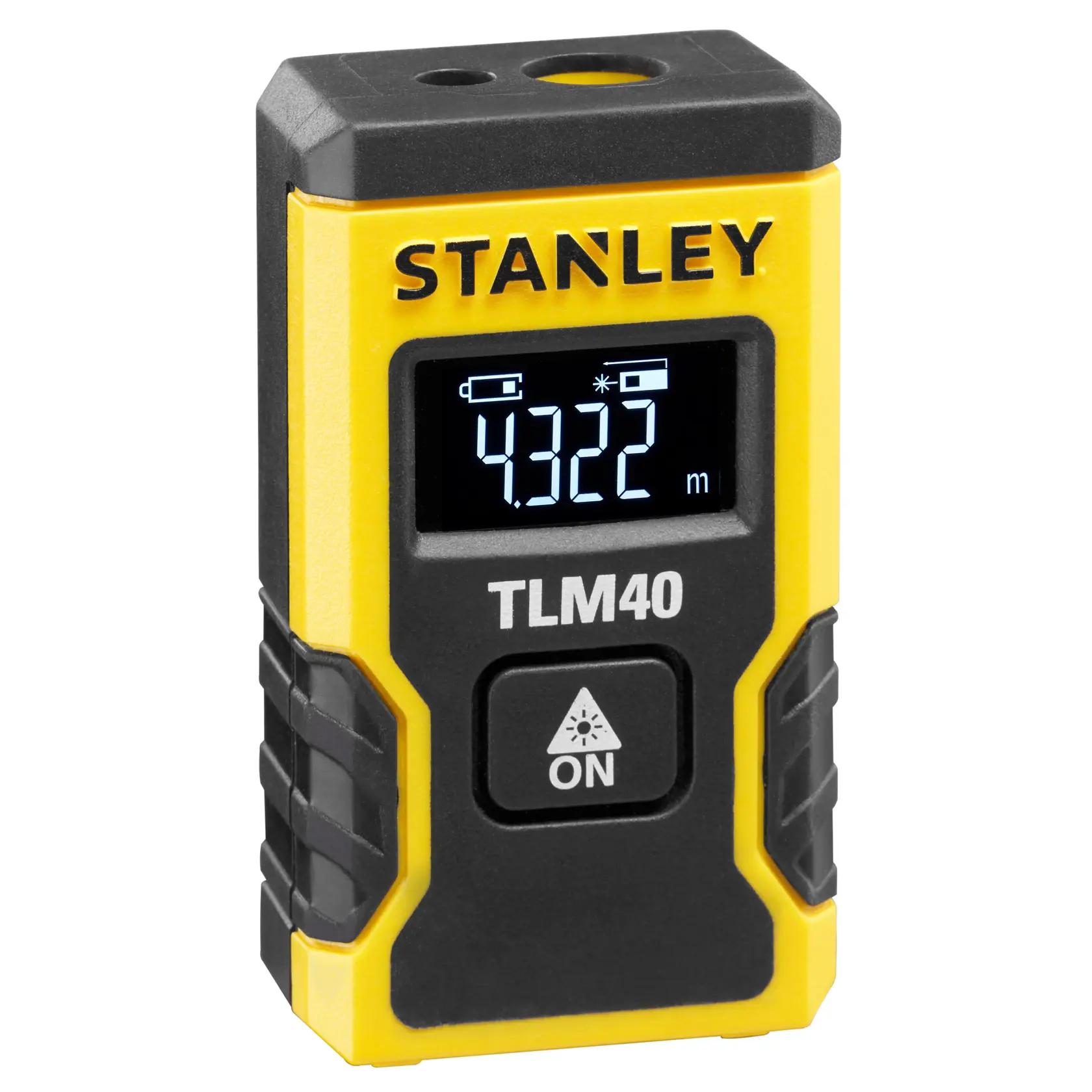 STANLEY STHT77666-0 misuratore laser di distanza TLM40, giallo e nero, angolo frontale, display LCD con 4,322 m.