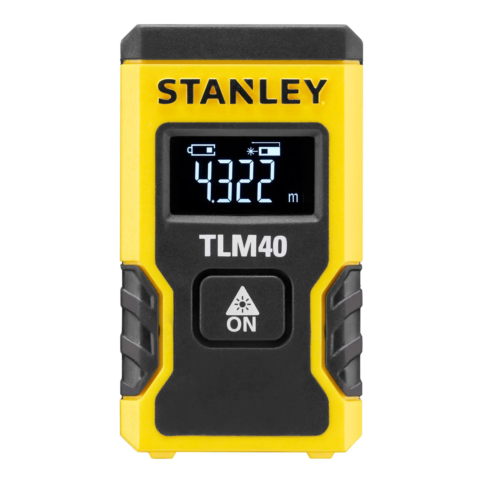 STANLEY STHT77666-0 misuratore laser di distanza vista frontale con schermo digitale e corpo giallo-nero.