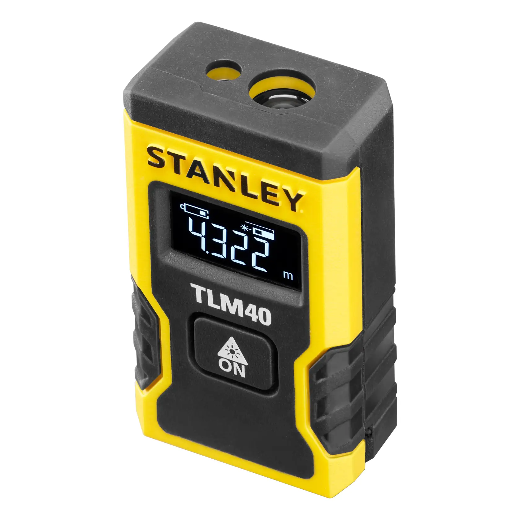 Foto del misuratore laser di distanza STANLEY STHT77666-0, giallo e nero, vista frontale angolata con display LCD.