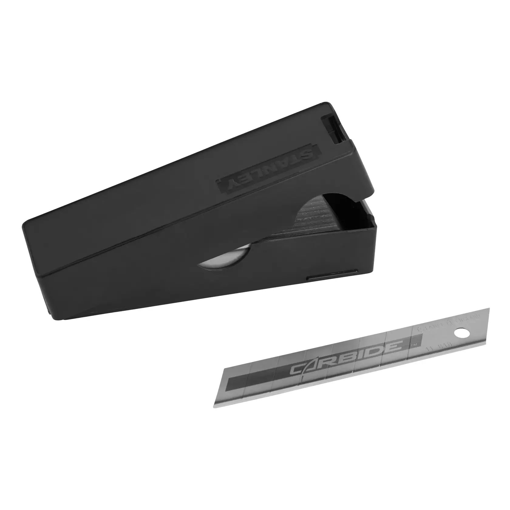 STANLEY STHT8-11818 dispenser nero per lame con una lama a spezzare argento, vista frontale.