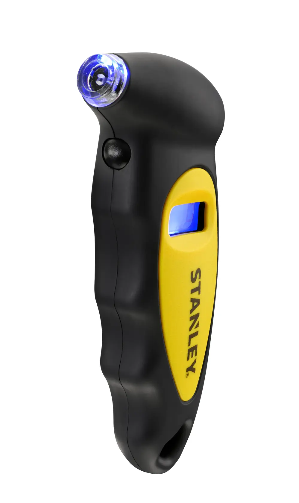 STANLEY STHT80874-0 manometro digitale per pneumatici con luce LED, nero e giallo, foto angolo frontale.