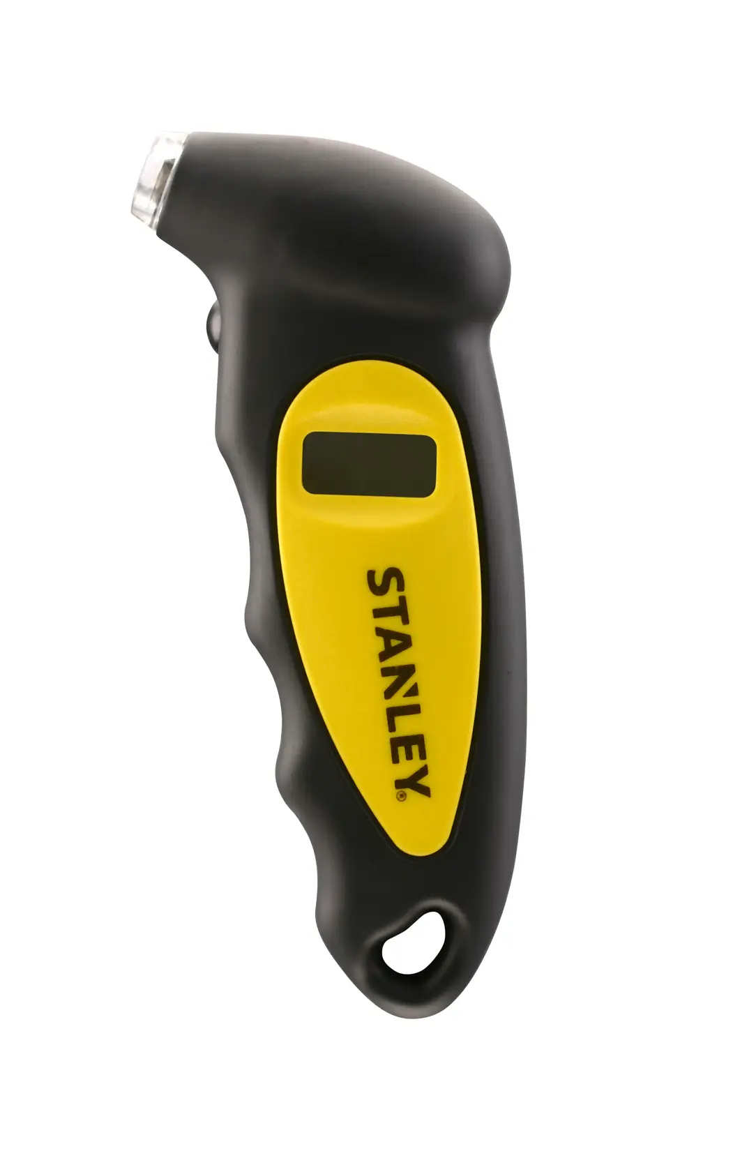 Manometro digitale per pneumatici STANLEY STHT80874-0, nero e giallo, vista laterale destra, sfondo bianco.