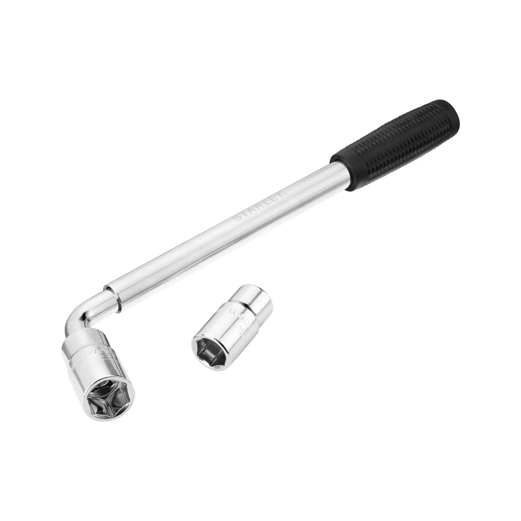 STANLEY STHT80890-0 chiave telescopica per dadi con impugnatura nera e due bussole cromate, foto prodotto, vista laterale.