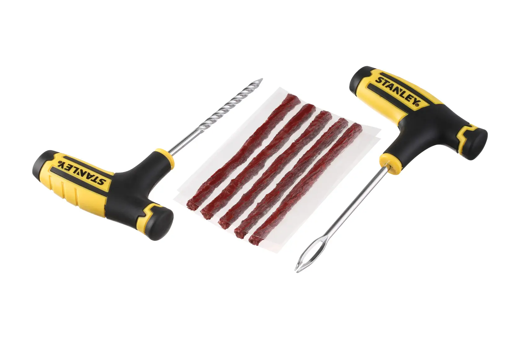 Kit riparazione pneumatici STANLEY STHT80891-0 con due utensili a T e cinque strisce marroni, foto angolata.