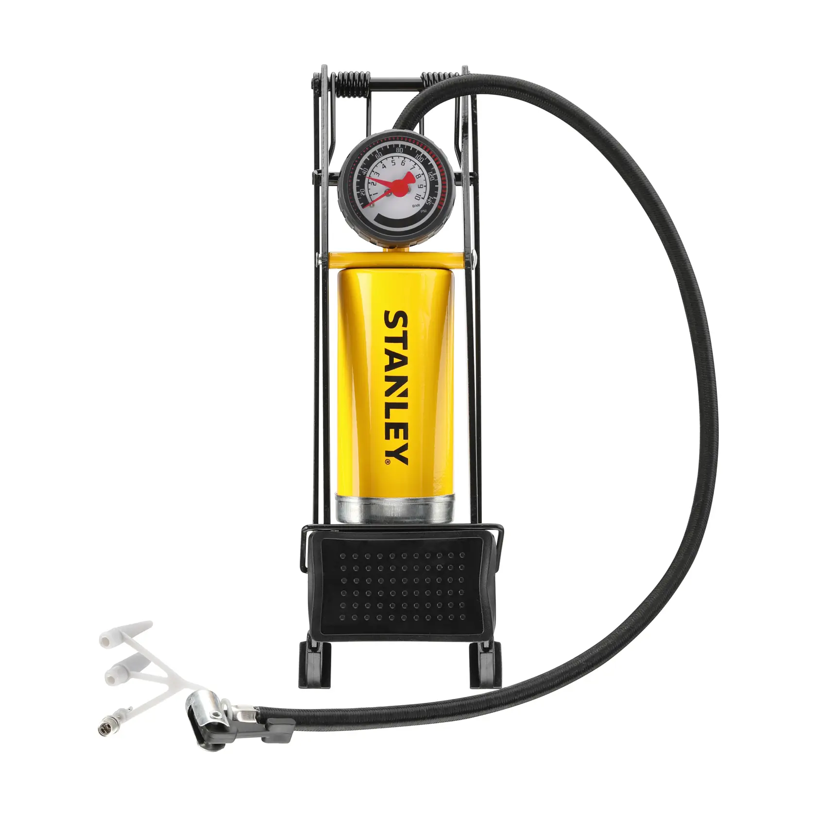 STANLEY STHT80894-1 pompa a pedale gialla con manometro e tubo, vista frontale su sfondo bianco.