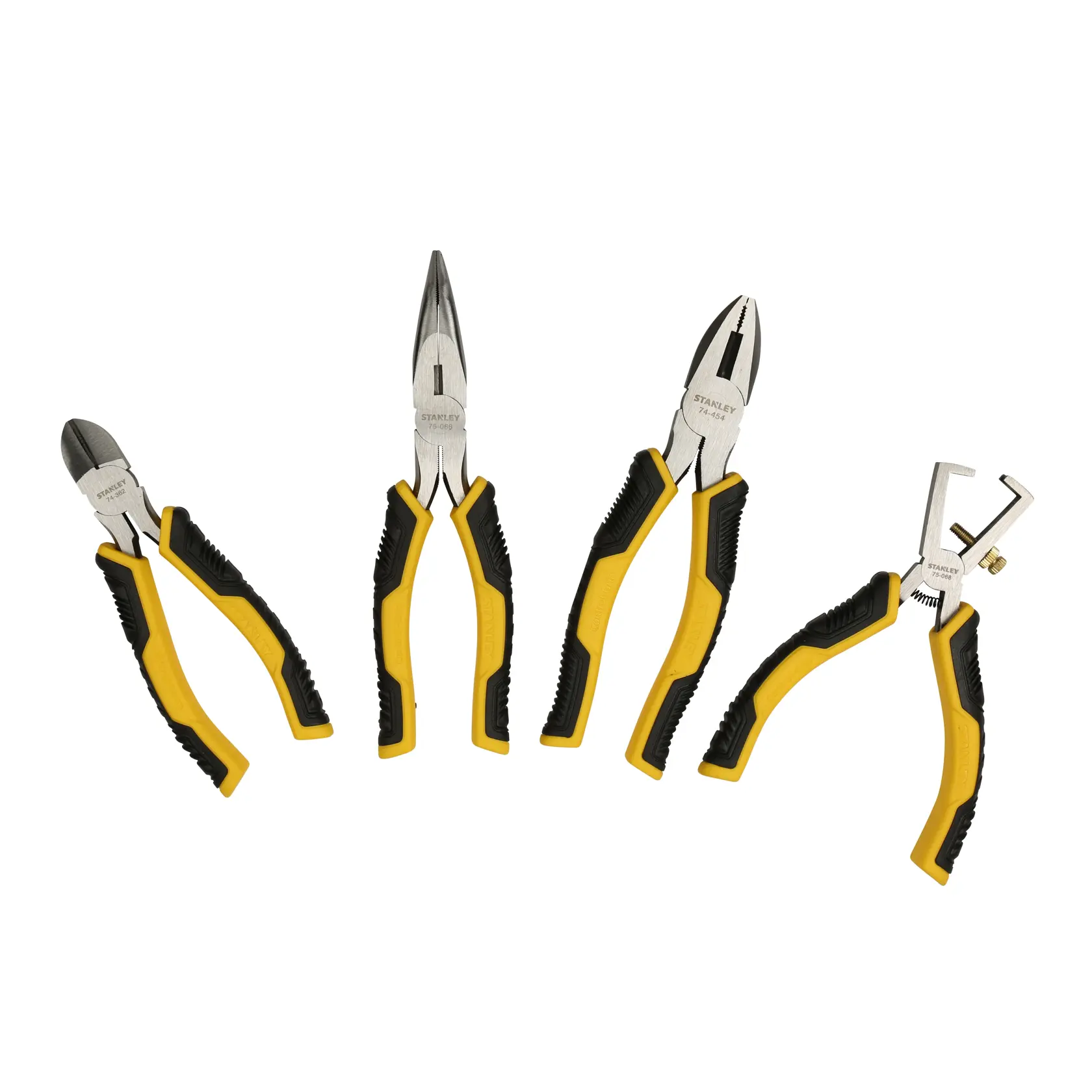 Set pinze STANLEY STMT1-74179 con manici neri e gialli, quattro pezzi su sfondo bianco, vista frontale.