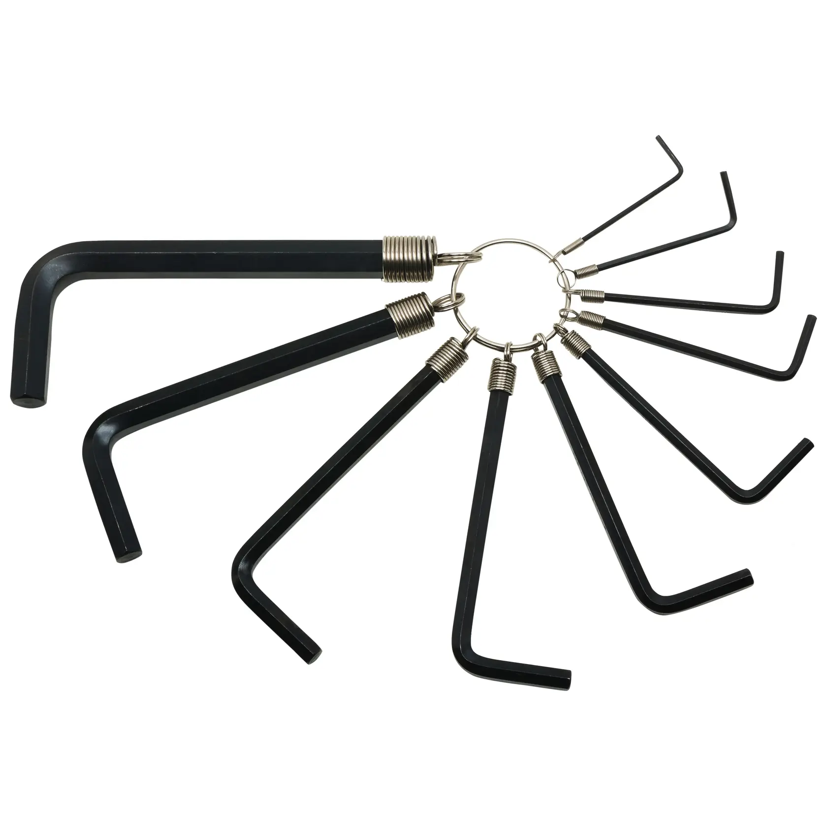 STANLEY STMT69213-8 set di chiavi esagonali nere su anello metallico, vista dall'alto, fotografia utensile.