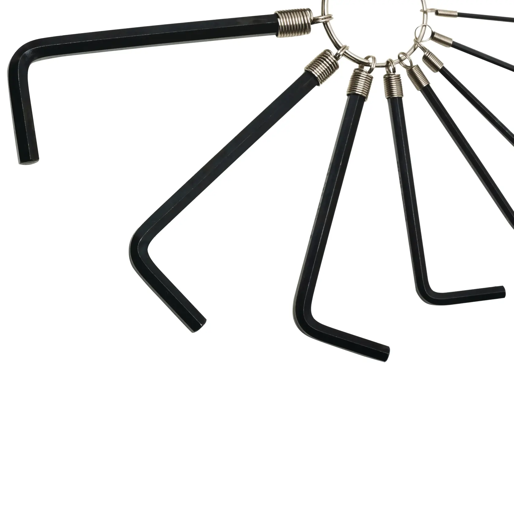 STANLEY STMT69213-8 set di chiavi esagonali nere a L su anello metallico, vista dall'alto, sfondo bianco.