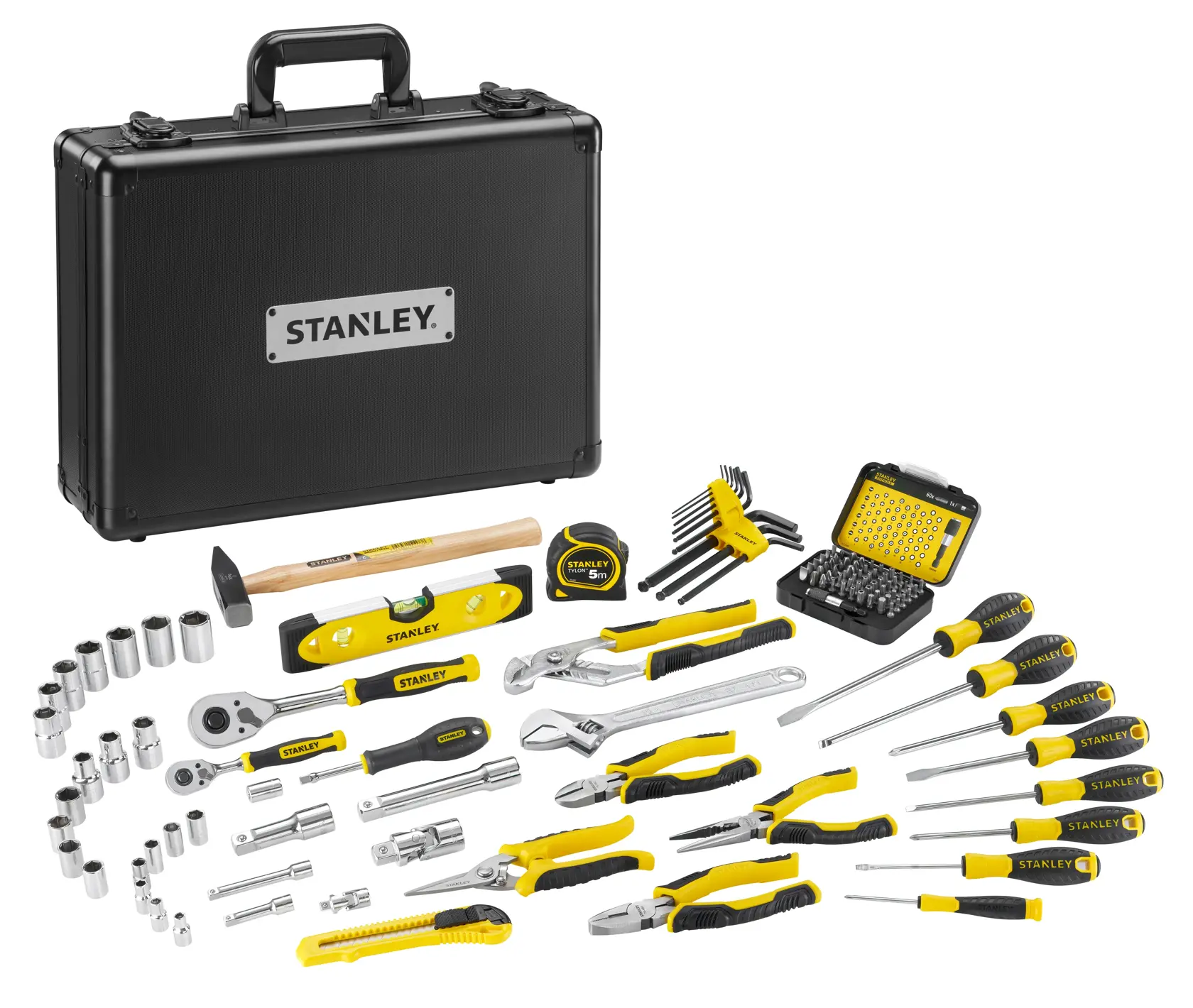 STANLEY STMT72986-1 set di attrezzi con valigetta nera, cacciaviti, bussole, pinze e accessori, vista frontale.