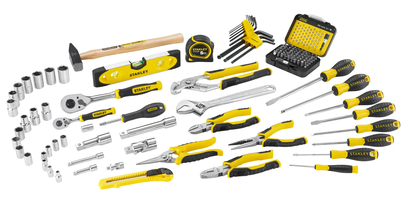 STANLEY STMT72986-1 set di utensili, attrezzi manuali assortiti e accessori, fotografia, vista dall'alto, giallo e nero.