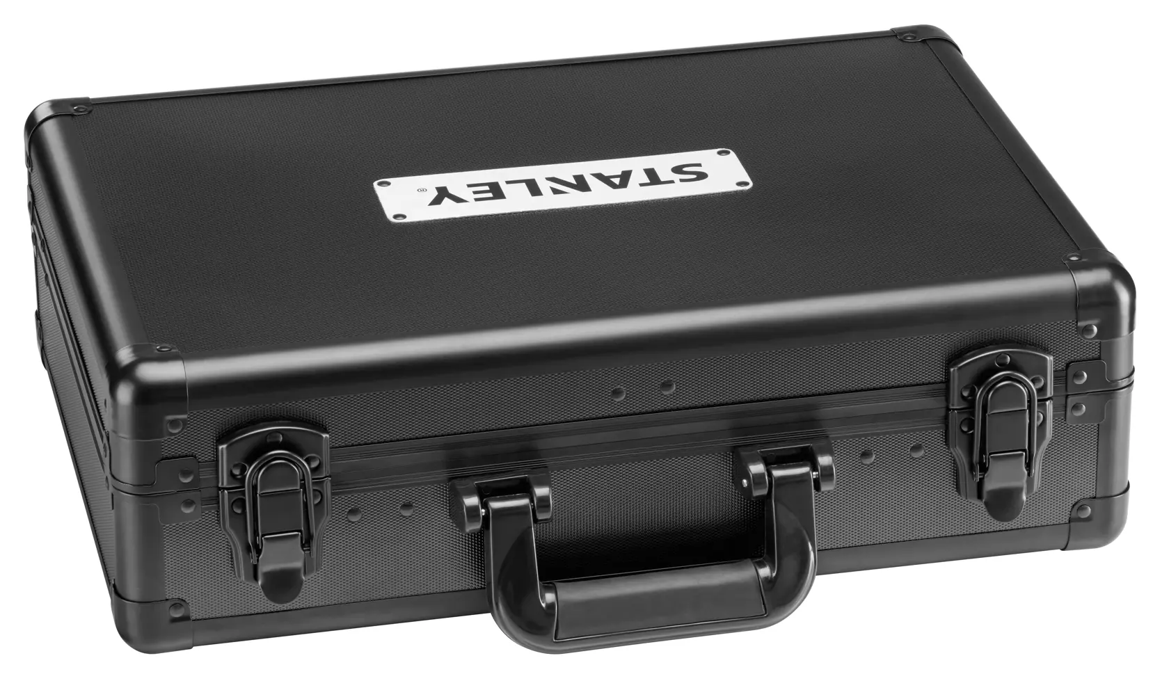 STANLEY STMT72986-1 valigetta rigida nera con logo argentato, due chiusure frontali e maniglia, vista angolata.