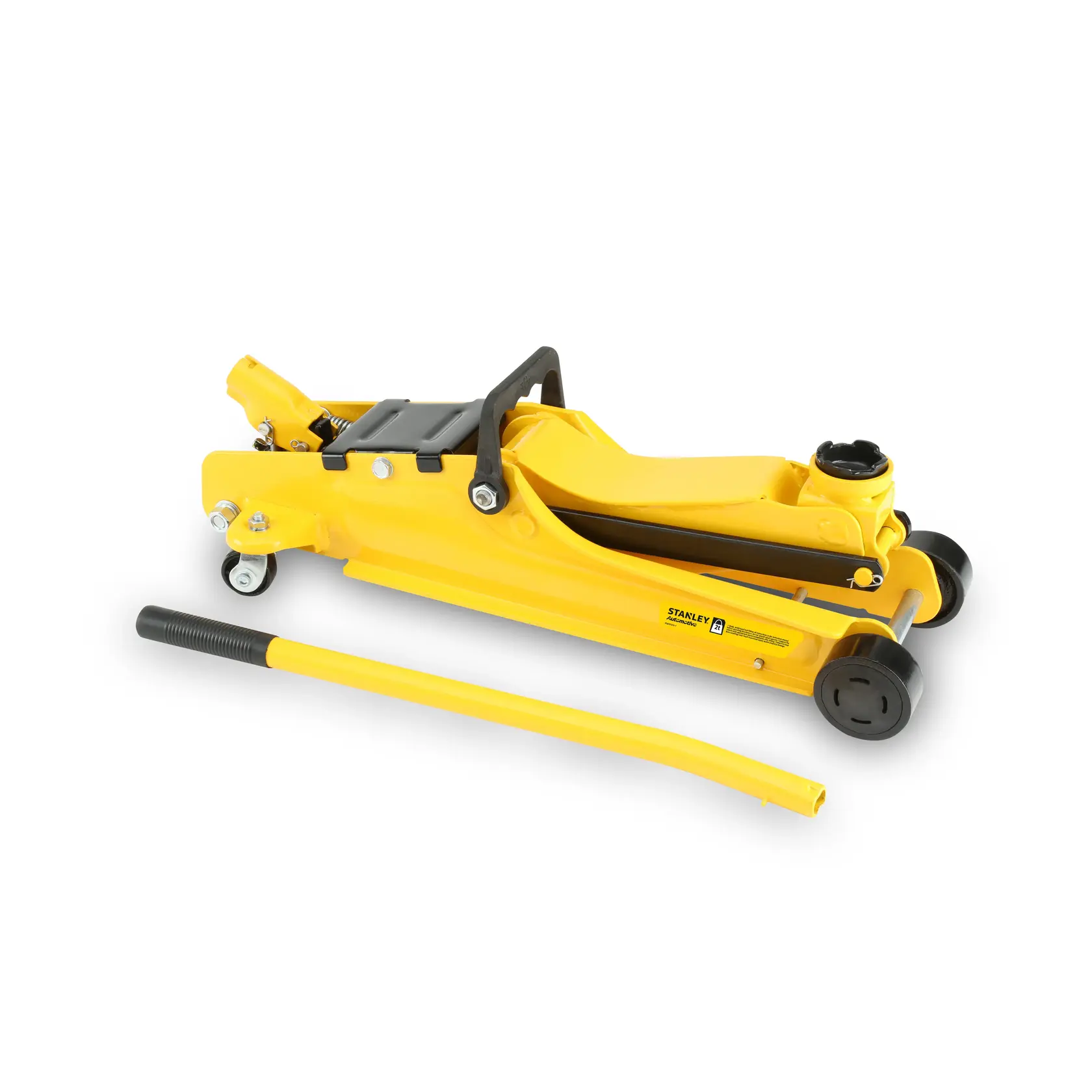 STANLEY STMT81251-1 cric idraulico da pavimento giallo con manico staccabile, vista laterale su sfondo bianco.