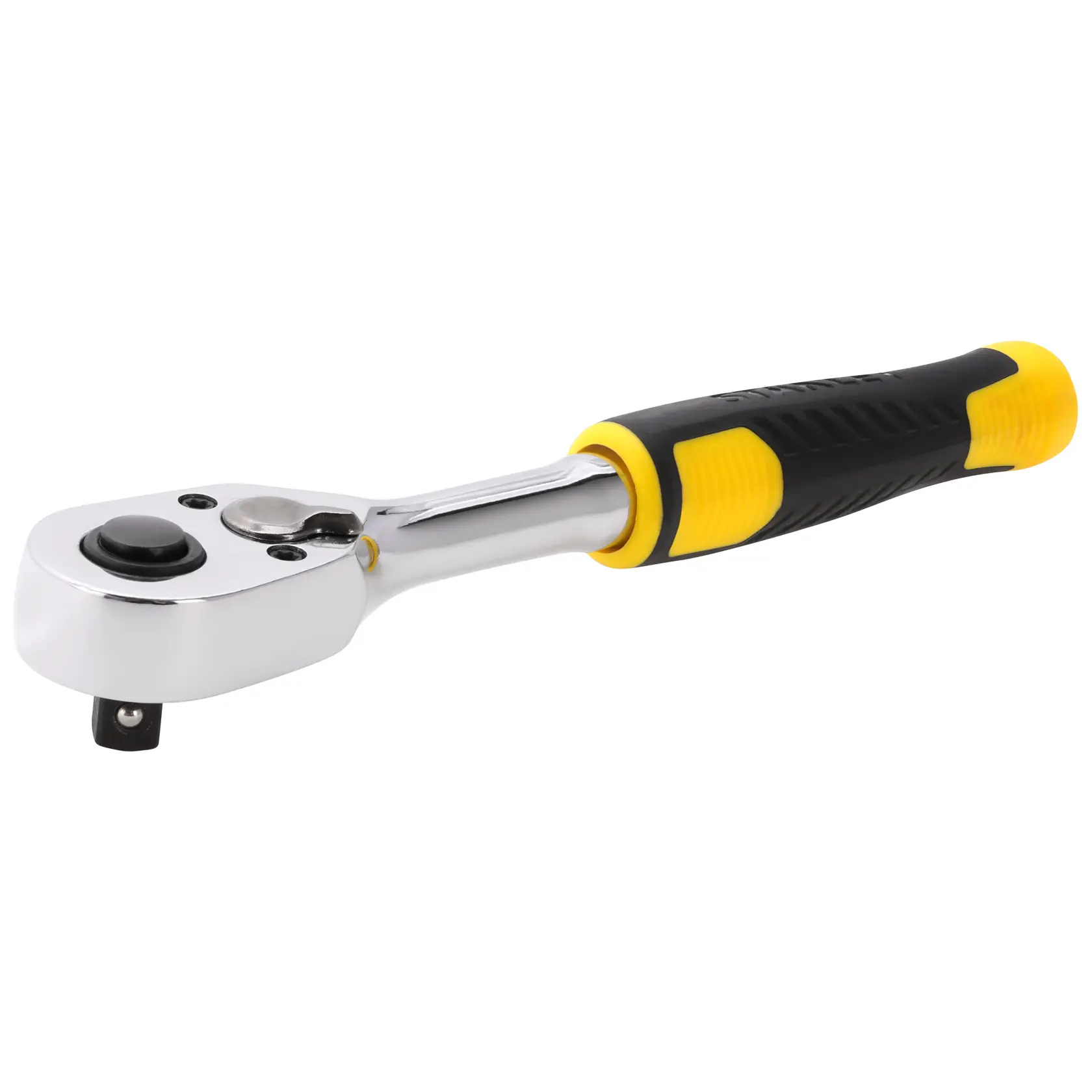 Cricchetto STANLEY STMT82663-0 con impugnatura ergonomica nera e gialla, prodotto angolato su sfondo bianco.