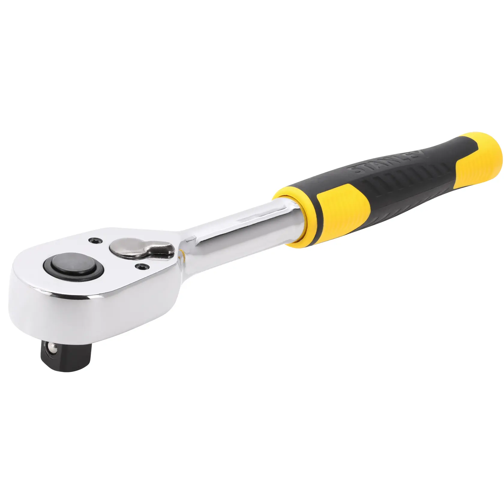 Chiave a cricchetto STANLEY STMT82665-0 con testa cromata e manico giallo-nero, angolo laterale, sfondo bianco.