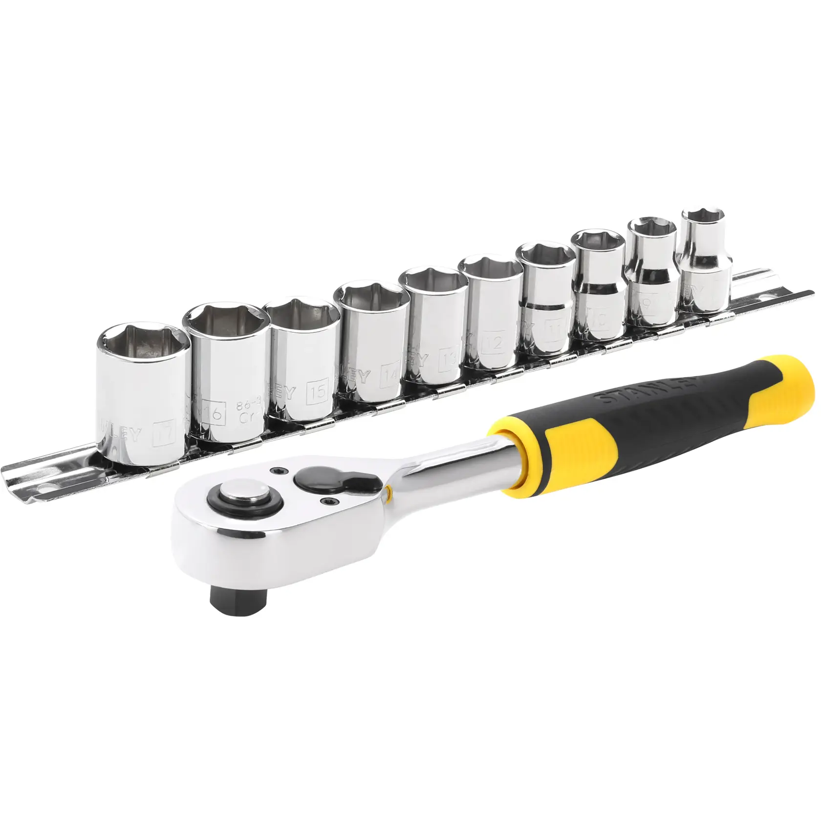 STANLEY STMT82670-0 set cricchetto e bussole con manico nero e giallo, bussole cromate, sfondo bianco.