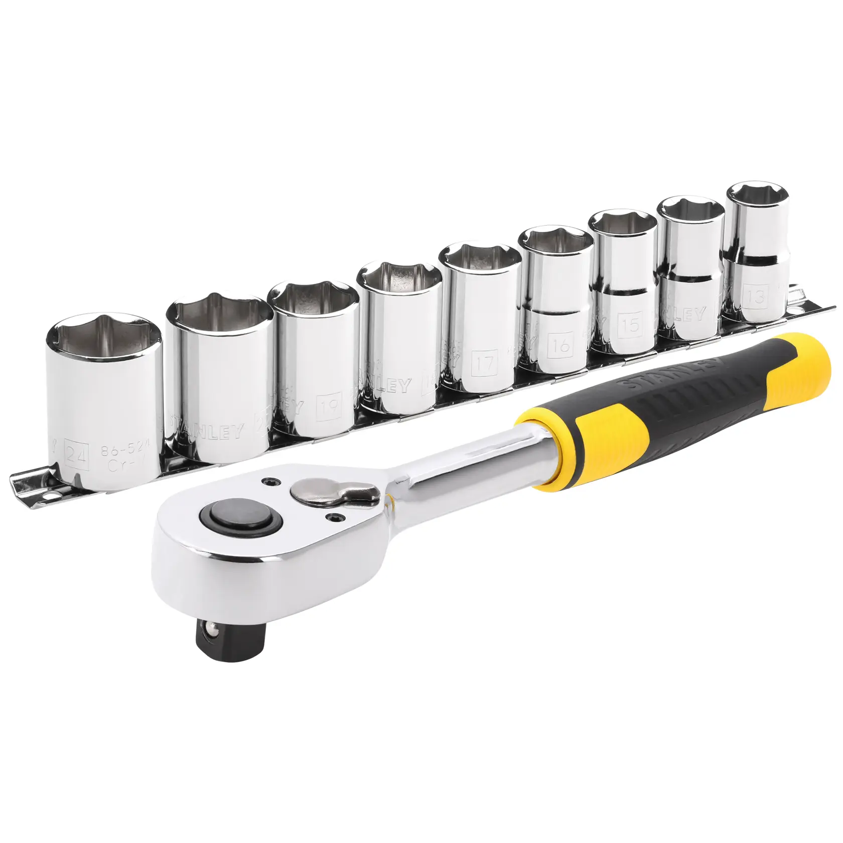 STANLEY STMT82671-0 set di chiavi a bussola con nove bussole cromate e manico nero e giallo, foto frontale.