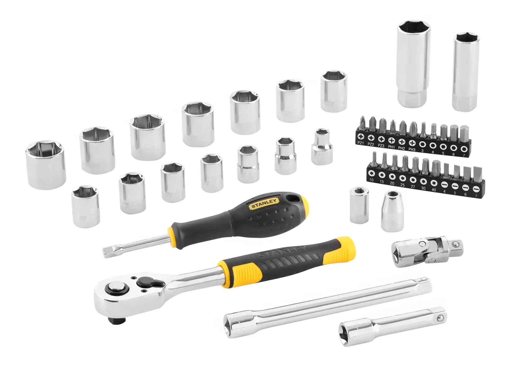 STANLEY STMT82829-1 set di bussole e cacciavite con inserti, foto su sfondo bianco.