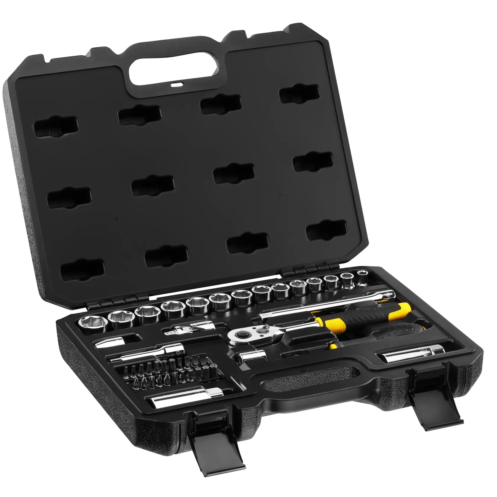 STANLEY STMT82829-1 set di bussole e cricchetto in valigetta rigida nera, angolo aperto, strumenti organizzati.
