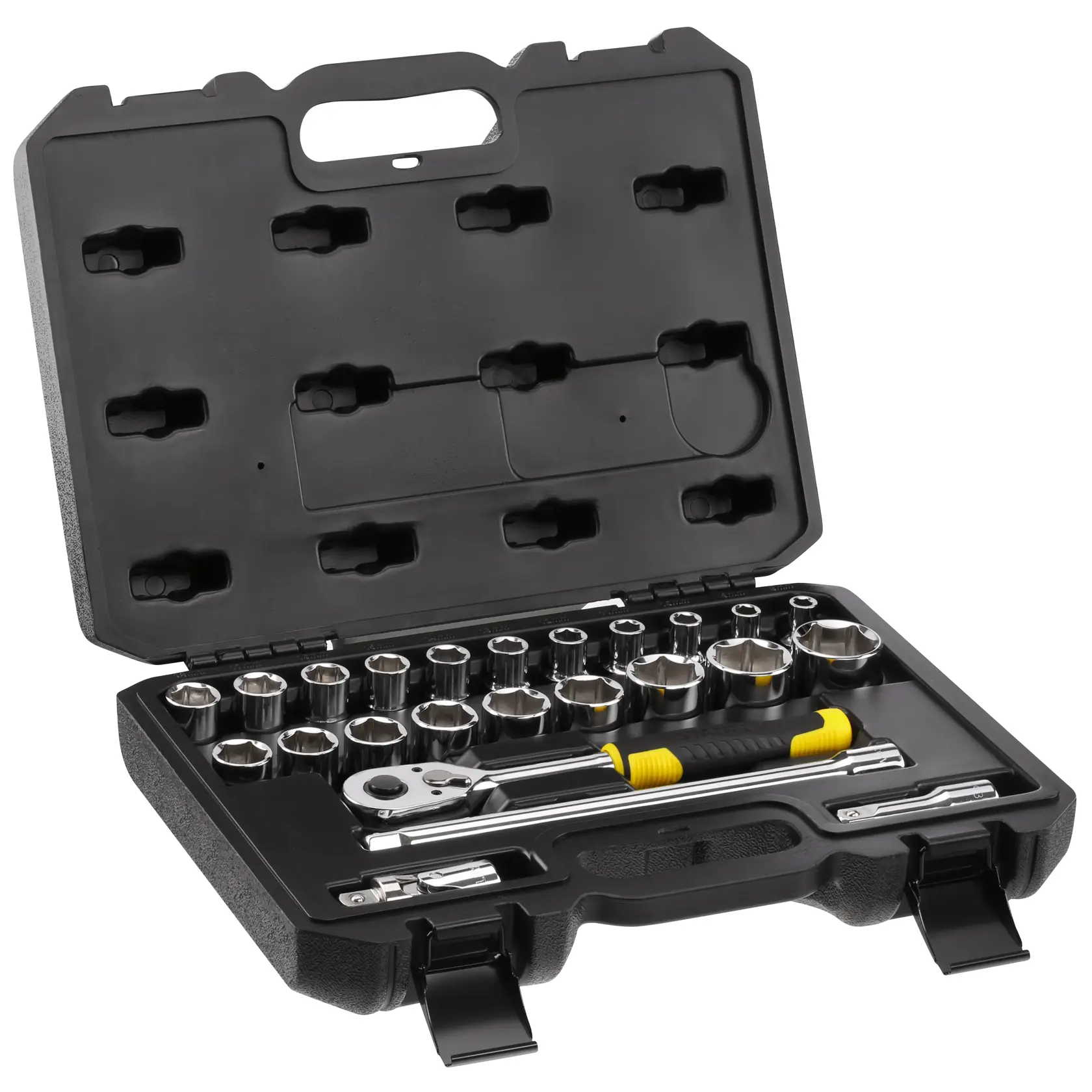 STANLEY STMT82830-1 set di bussole in valigetta nera con cricchetto e bussole, vista angolata su sfondo bianco.