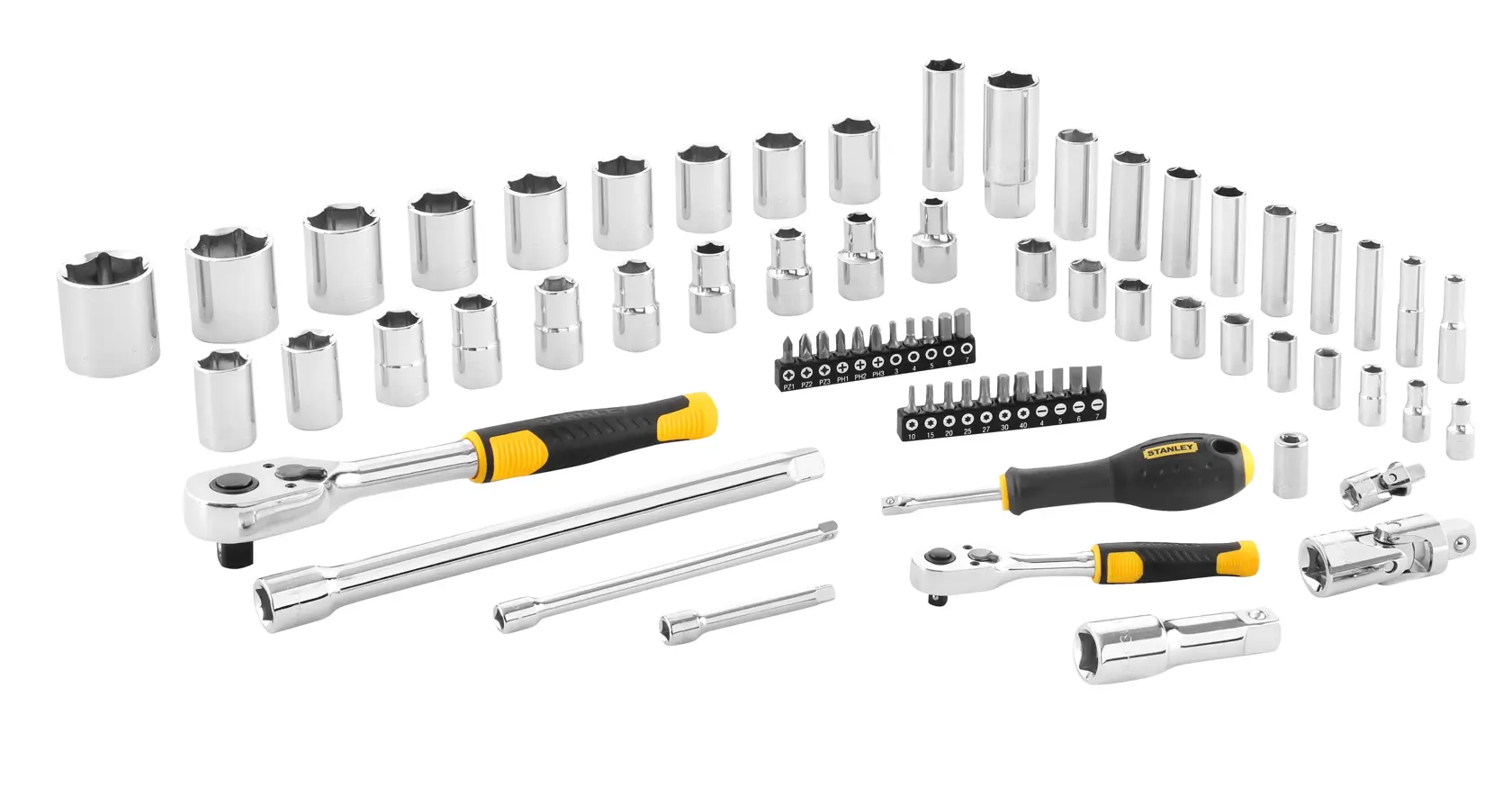 STANLEY STMT82831-1 set di bussole e cricchetto con cacciavite, finitura cromata, fotografia, angolo sfondo bianco.