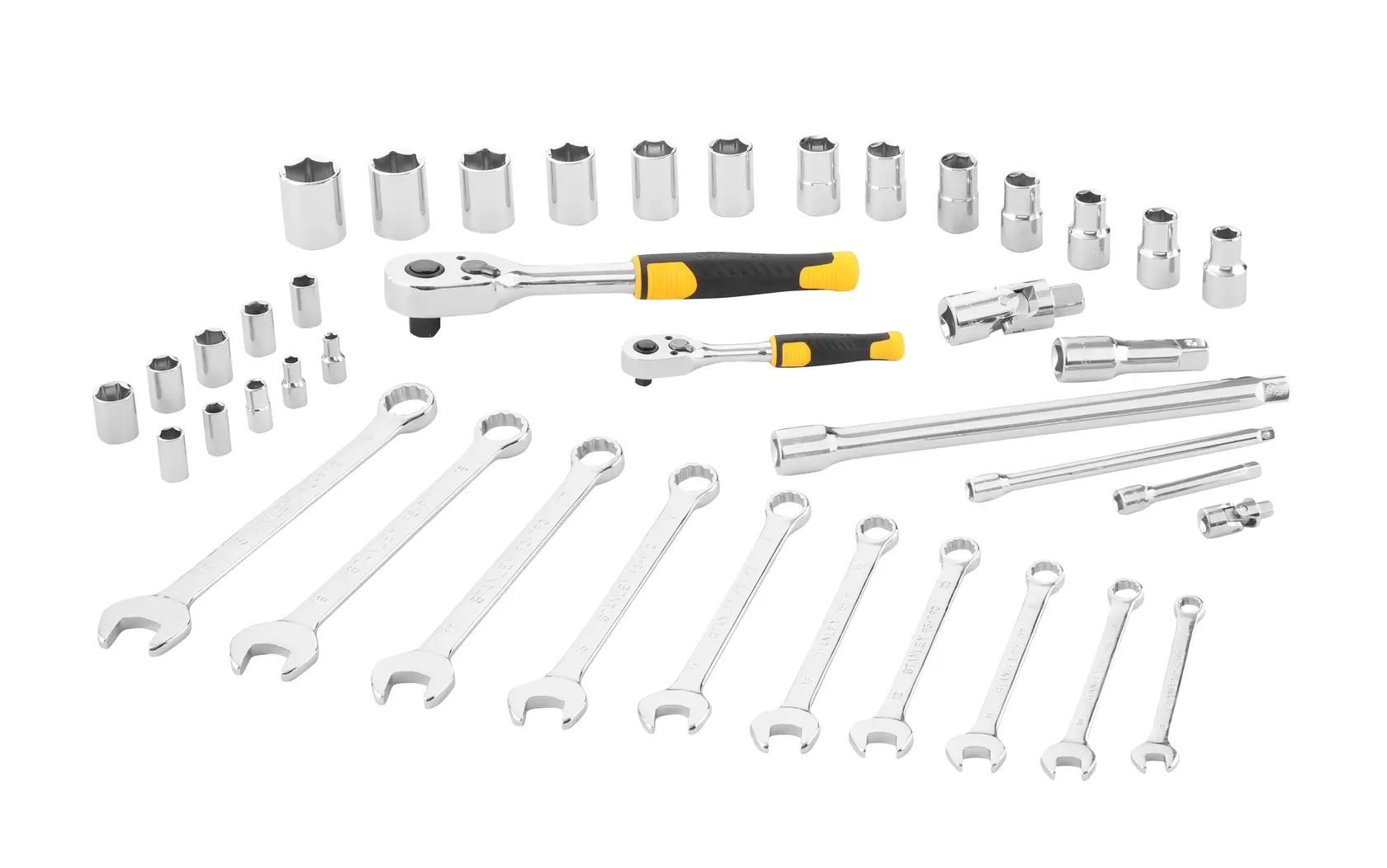 Stanley STMT82832-1 set di attrezzi meccanici con cricchetti, bussole e chiavi, vista frontale su sfondo bianco.