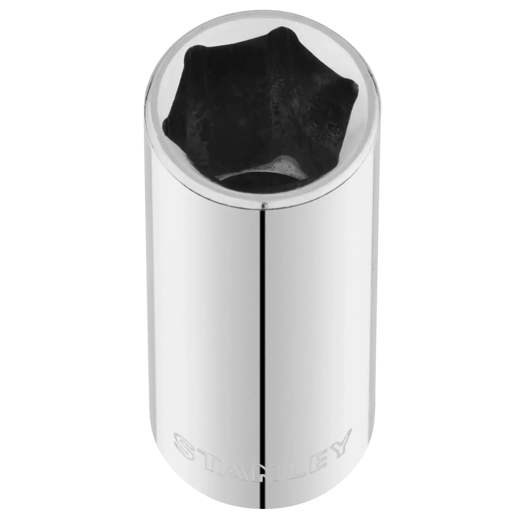 STANLEY STMT86289-0 bussola cromata, forma esagonale, angolo verticale, fotografia su sfondo bianco.