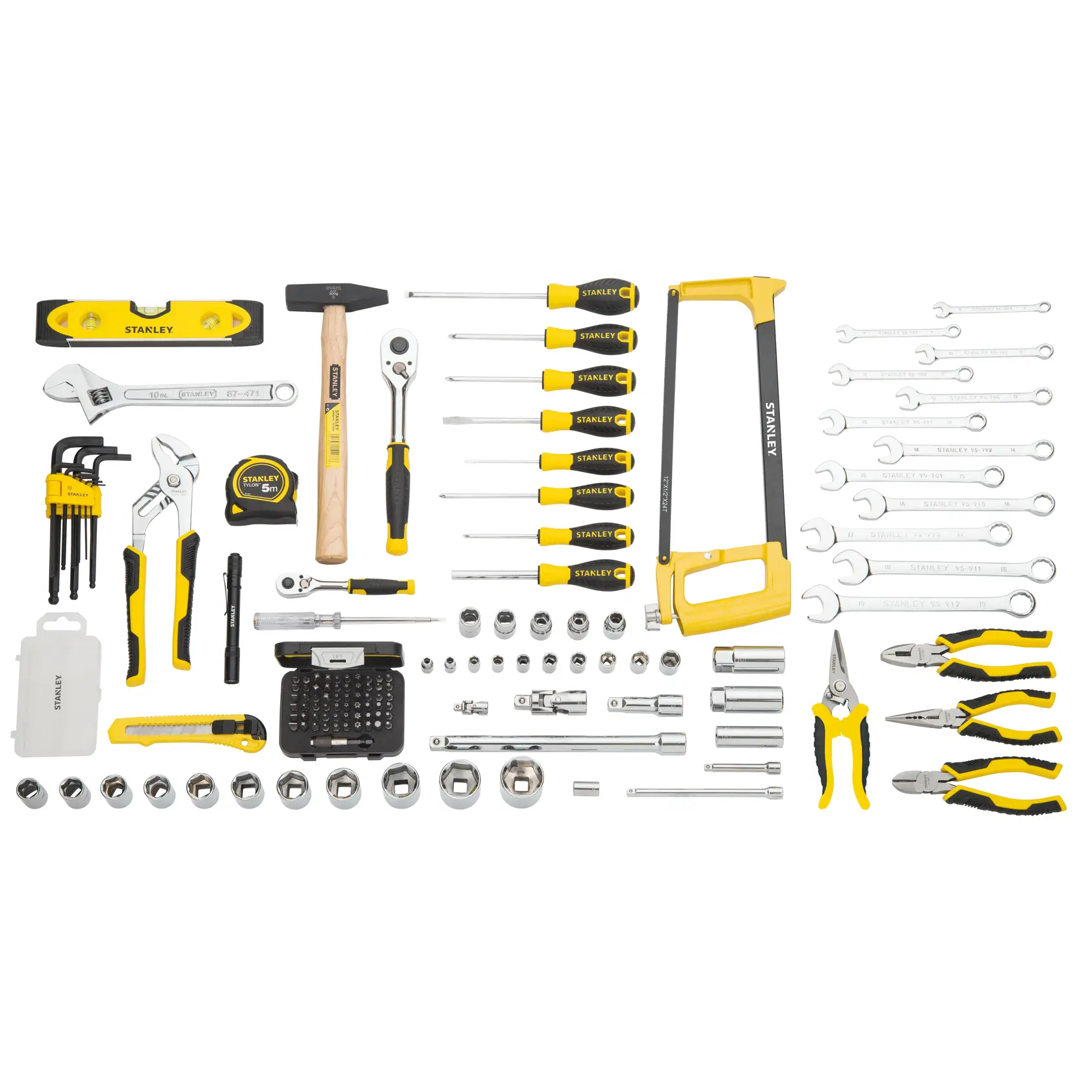 Set di attrezzi STANLEY STMT98109-1 con utensili manuali assortiti, bussole, cacciaviti, pinze e accessori su sfondo bianco.