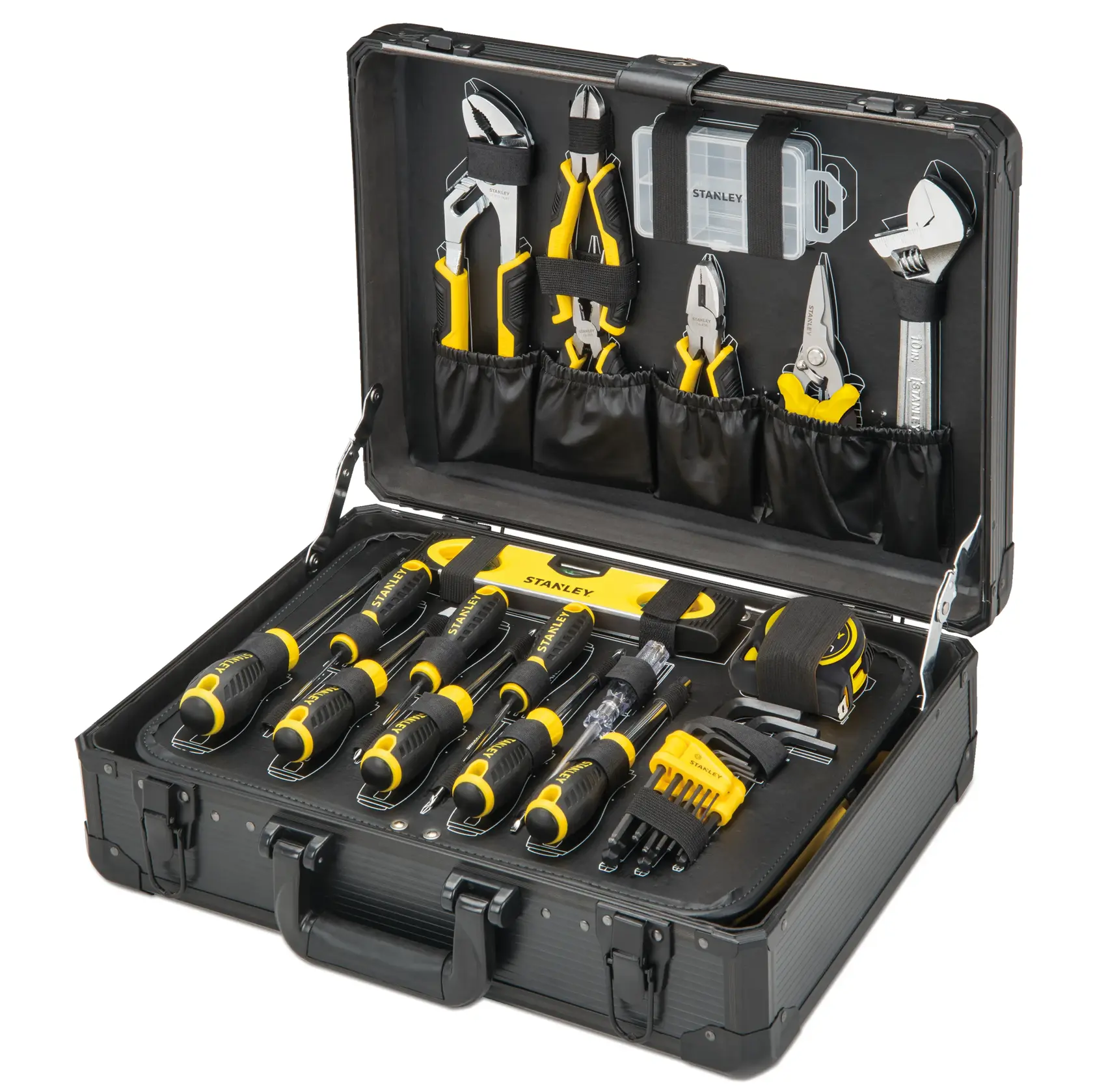 STANLEY STMT98109-1 valigetta utensili con attrezzi manuali gialli e neri, vista frontale.