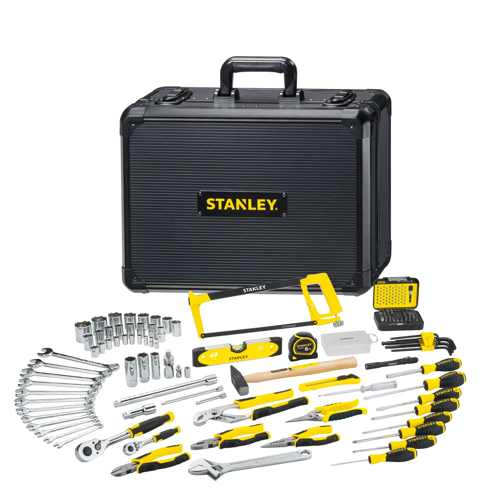 STANLEY STMT98109-1 set di utensili con valigetta nera, chiavi, cacciaviti, bussole e utensili manuali, angolo frontale.
