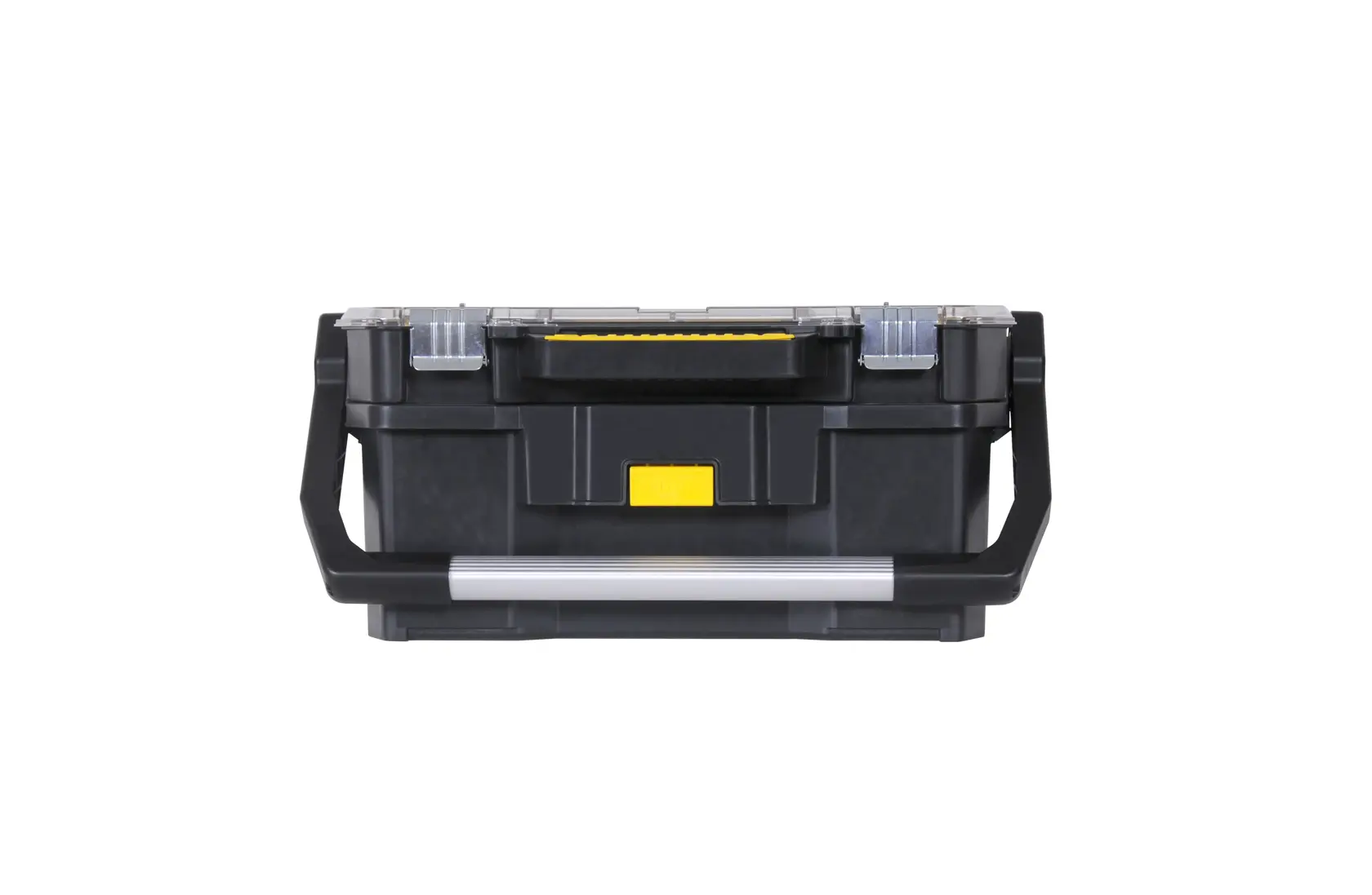 STANLEY STST1-70317 cassetta degli attrezzi nera con coperchio trasparente, chiusura gialla, vista frontale su sfondo bianco.
