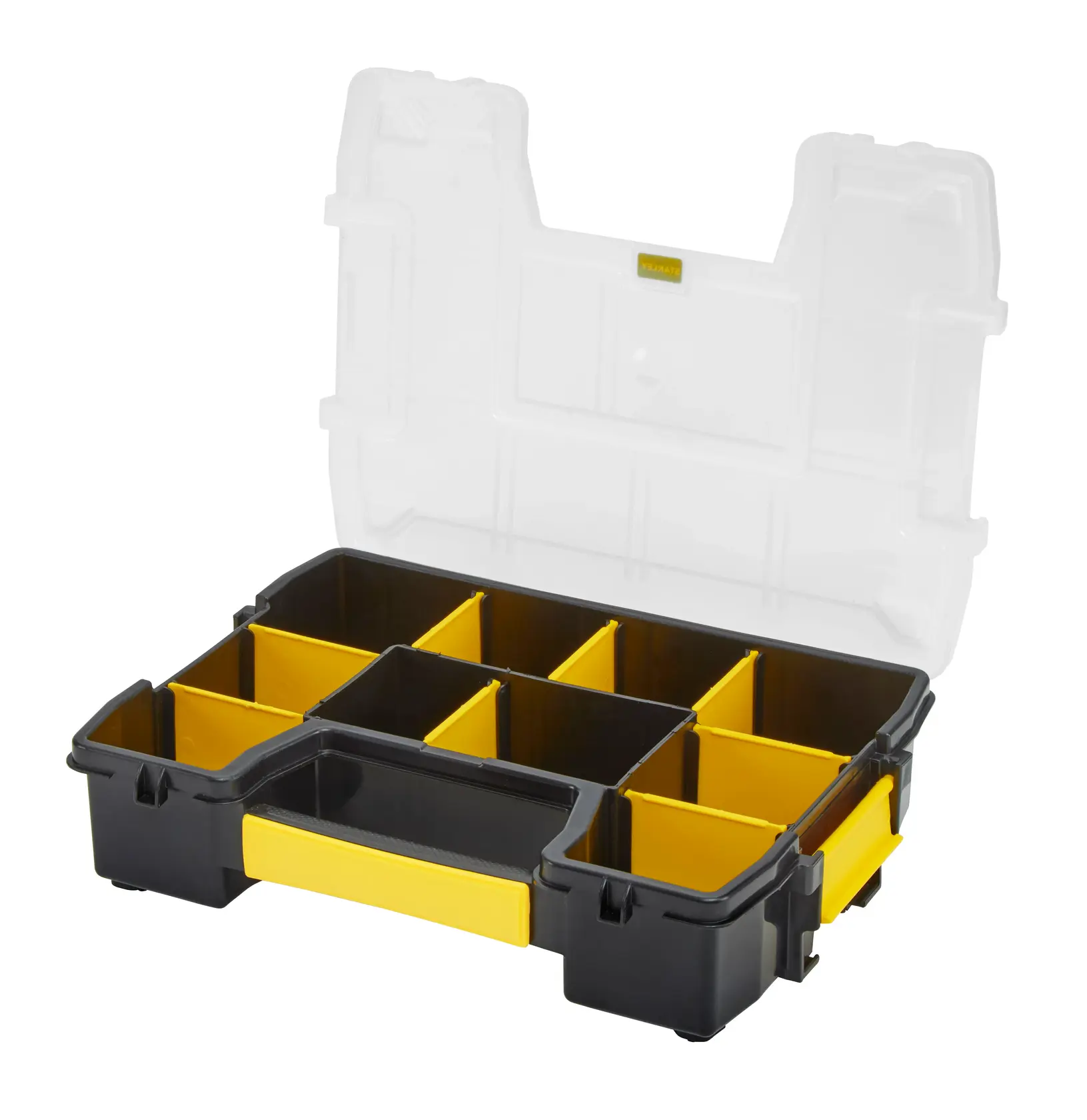 Organizer STANLEY STST1-70720 con maniglia gialla e scomparti, coperchio aperto, vista frontale.