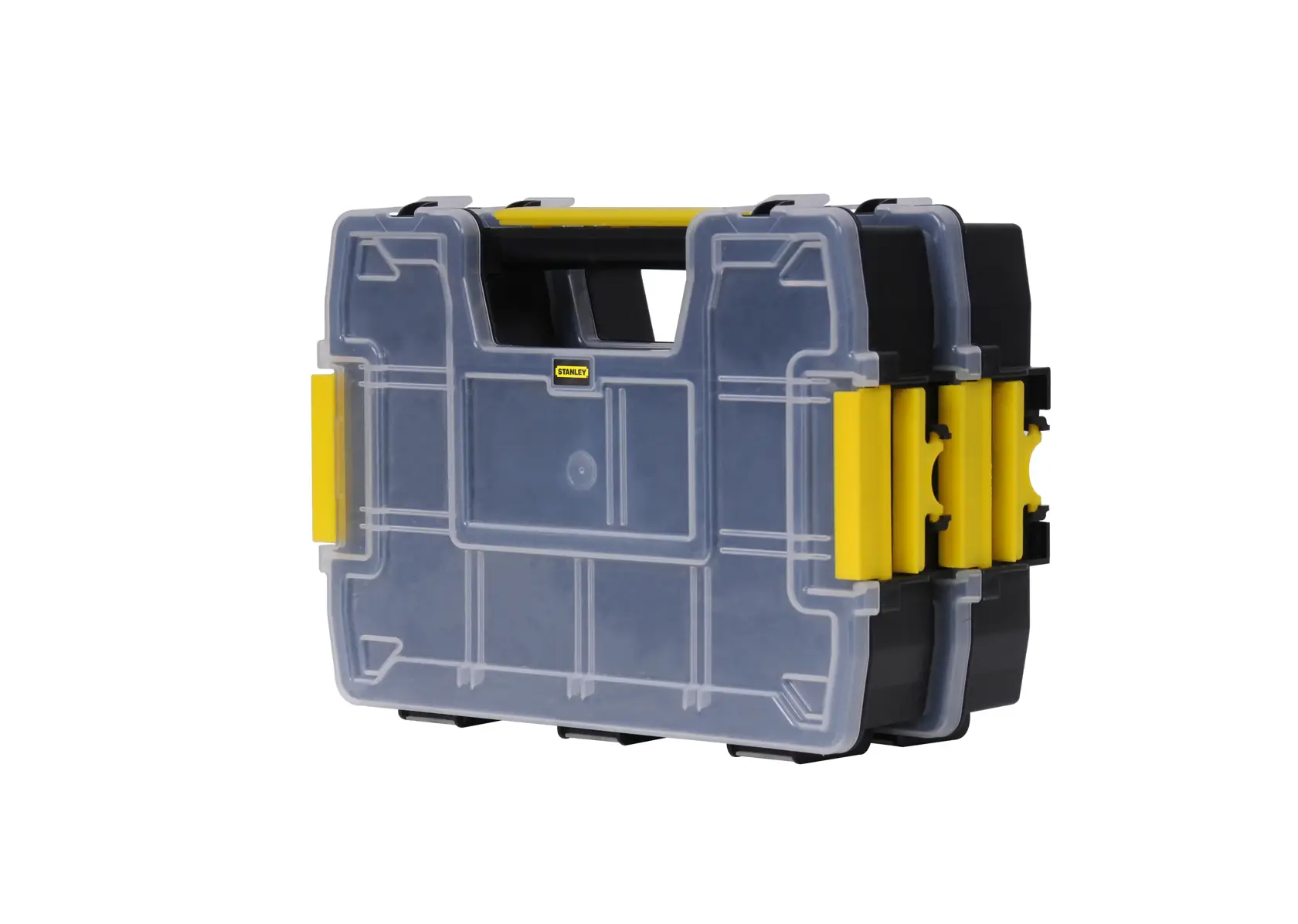 STANLEY STST1-71197 organizer in plastica trasparente con chiusure gialle, vista frontale su sfondo bianco.