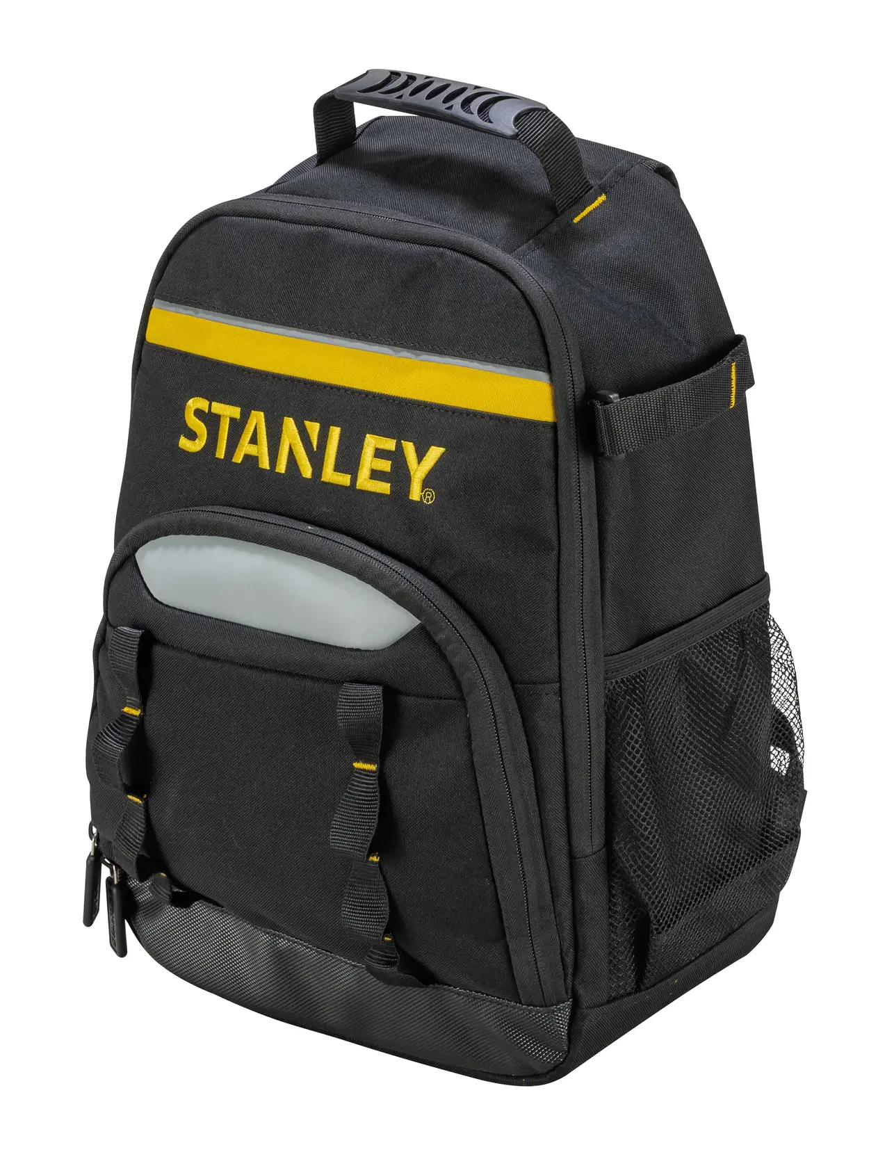 Foto dello zaino porta attrezzi STANLEY STST1-72335 nero con dettagli gialli e tasche multiple, vista frontale.