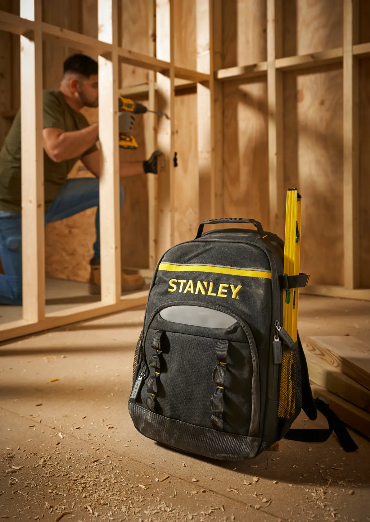 STANLEY STST1-72335 zaino porta attrezzi nero con dettagli gialli e livella, sul pavimento del cantiere.