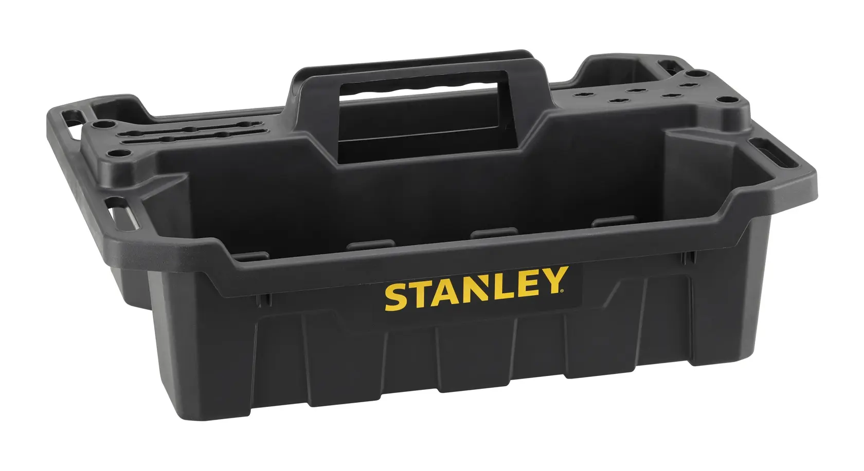 Foto di portautensili nero STANLEY STST1-72359 in plastica con maniglia centrale, apertura superiore e logo giallo STANLEY, vista frontale.