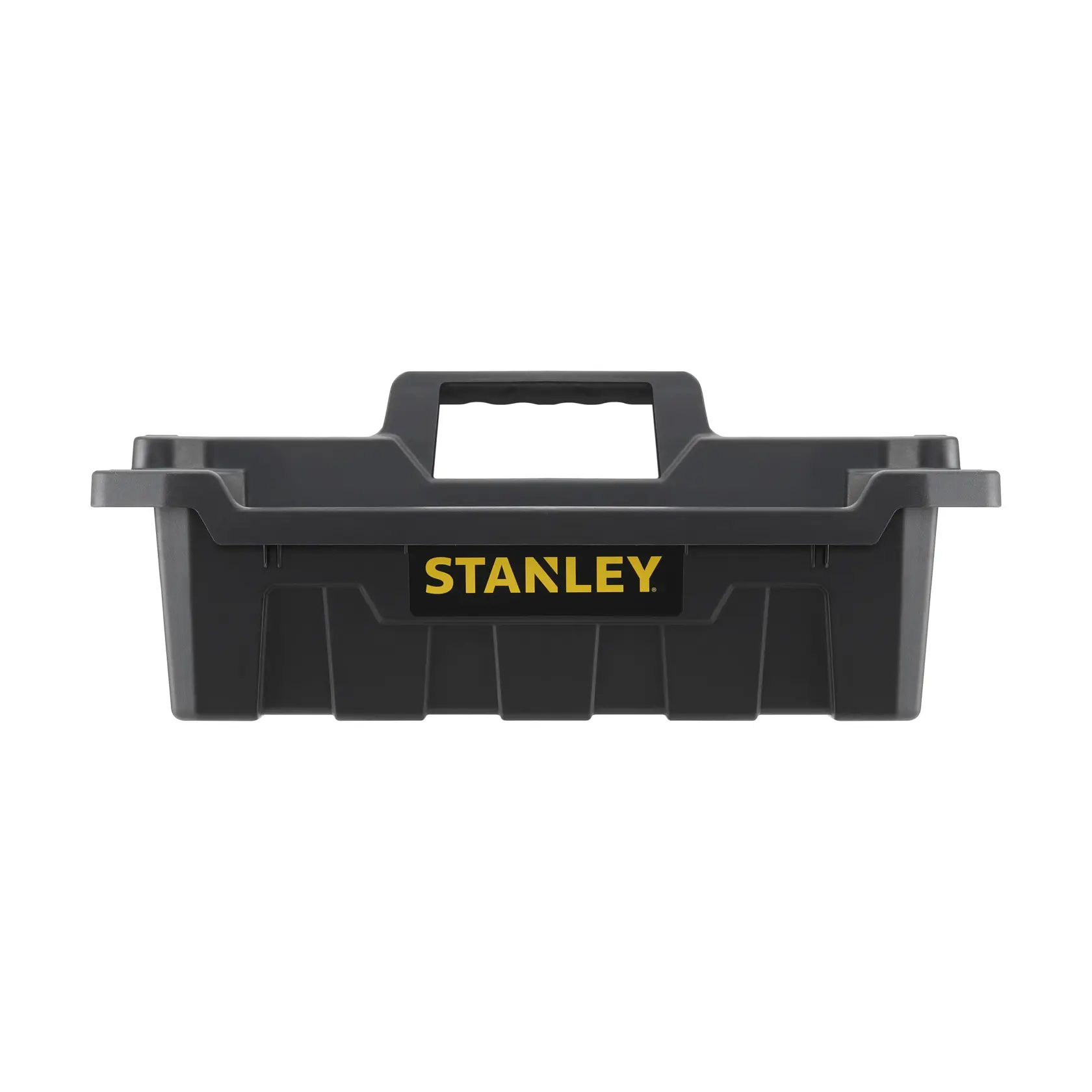 STANLEY STST1-72359 cassetta porta attrezzi nera in plastica con manico, vista frontale su sfondo bianco.