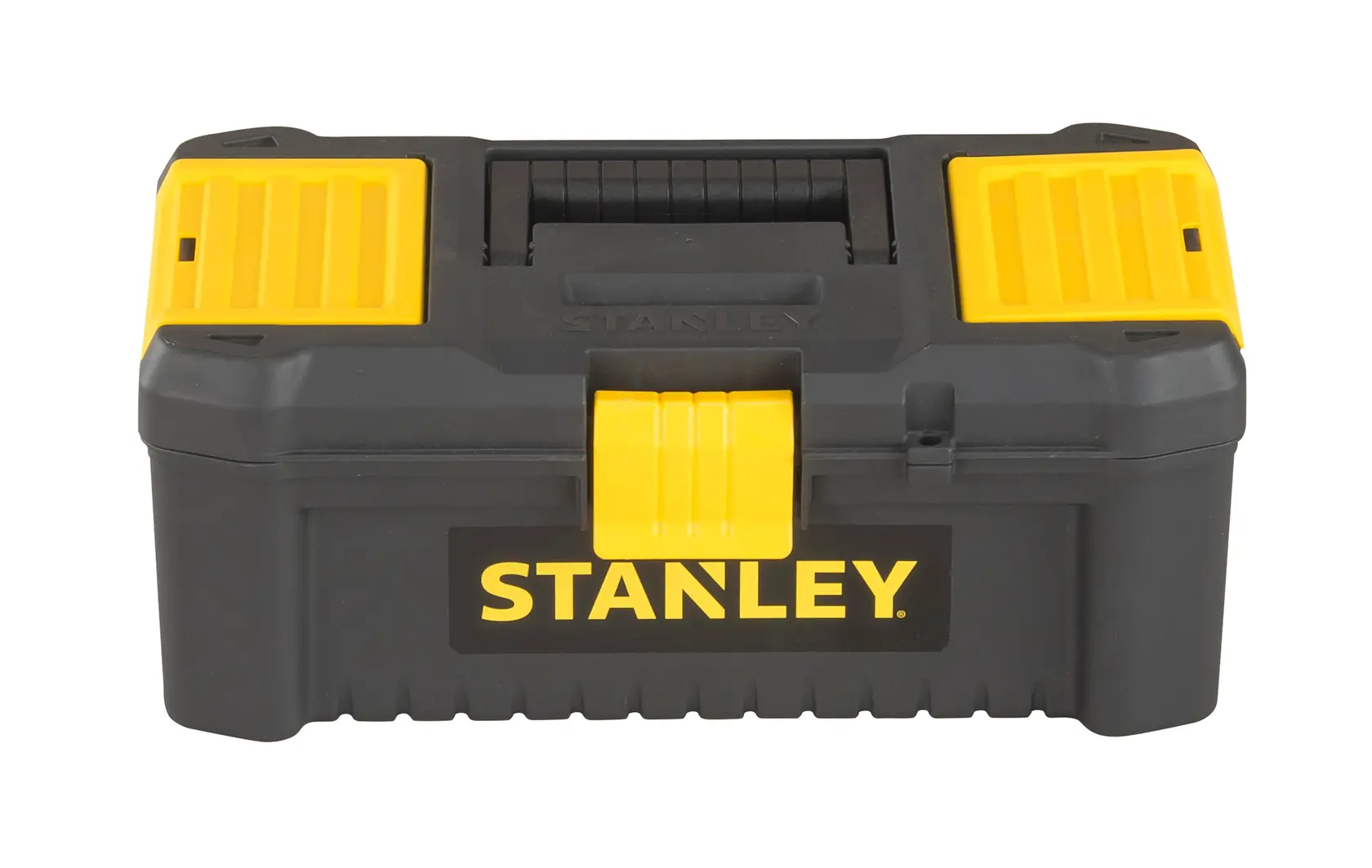 STANLEY STST1-75514 cassetta degli attrezzi in plastica nera e gialla, vista frontale su sfondo bianco.