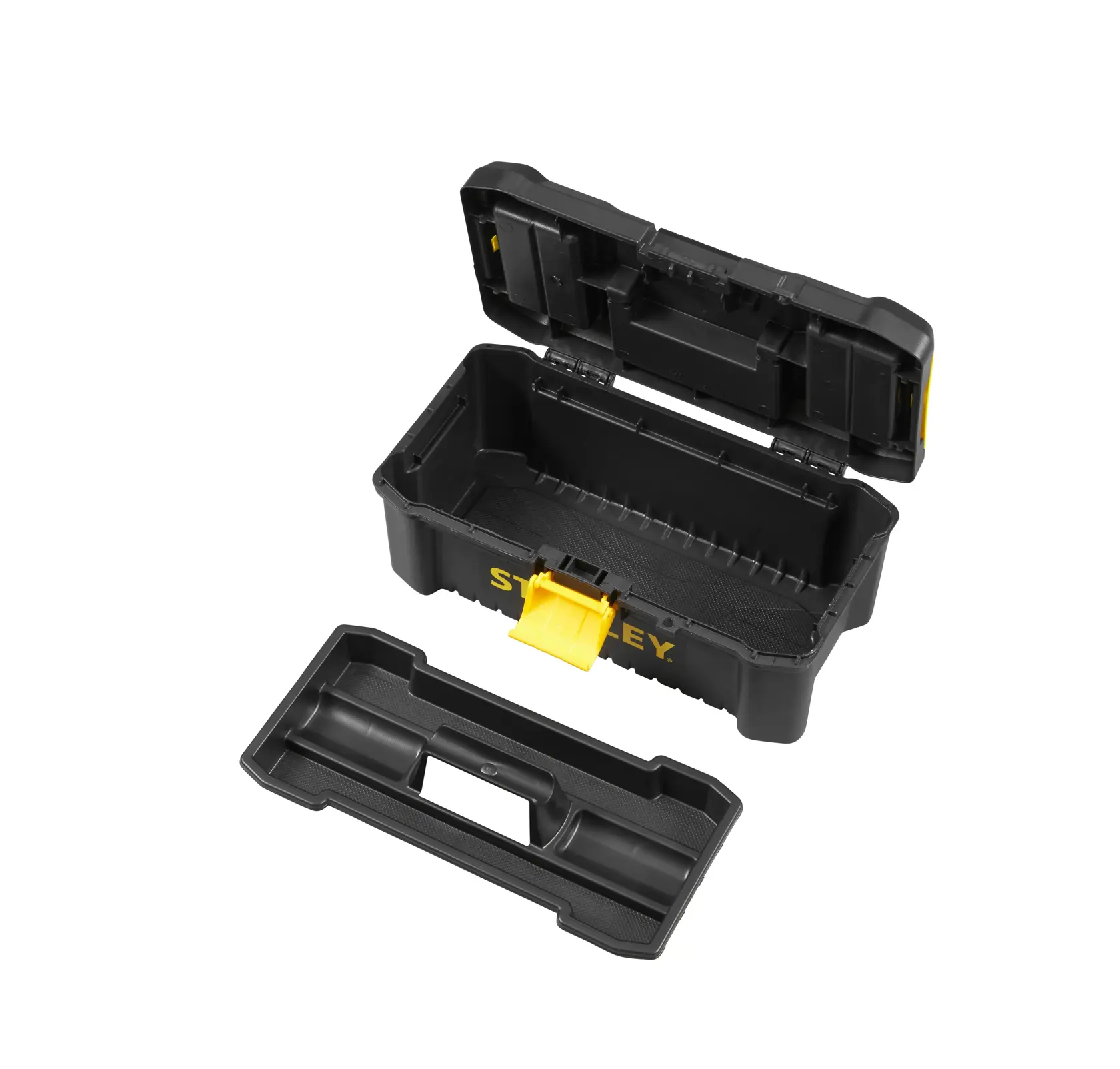 STANLEY STST1-75514 cassetta degli attrezzi con coperchio aperto e vassoio rimovibile, plastica nera, vista frontale.