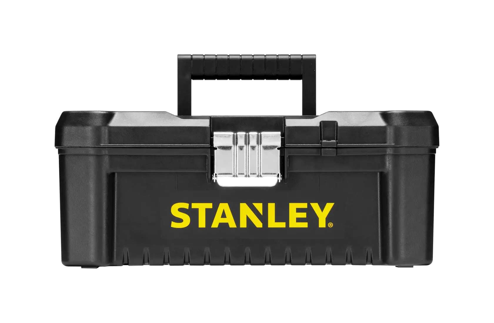 Foto della cassetta degli attrezzi STANLEY STST1-75515 nera con logo giallo, vista frontale, chiusura in metallo e manico in plastica.