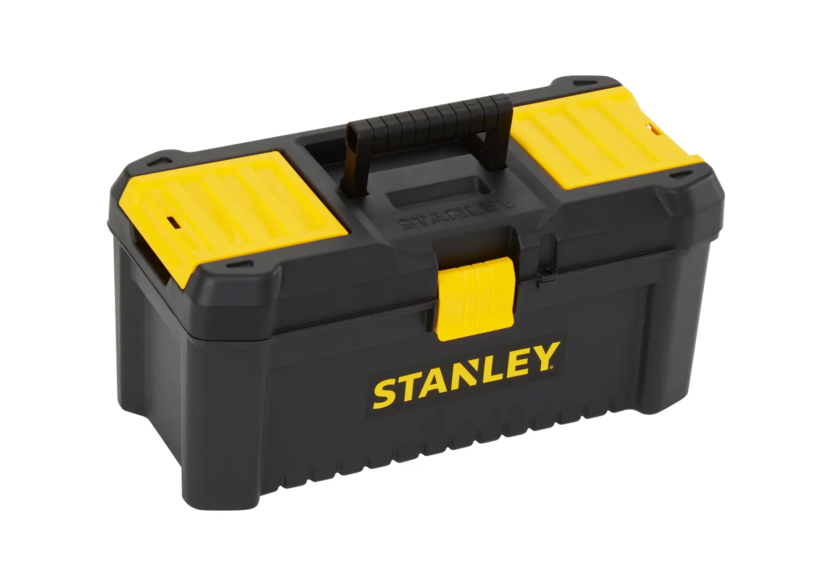 Stanley STST1-75517 cassetta degli attrezzi nera e gialla, vista frontale, con scomparti superiori.