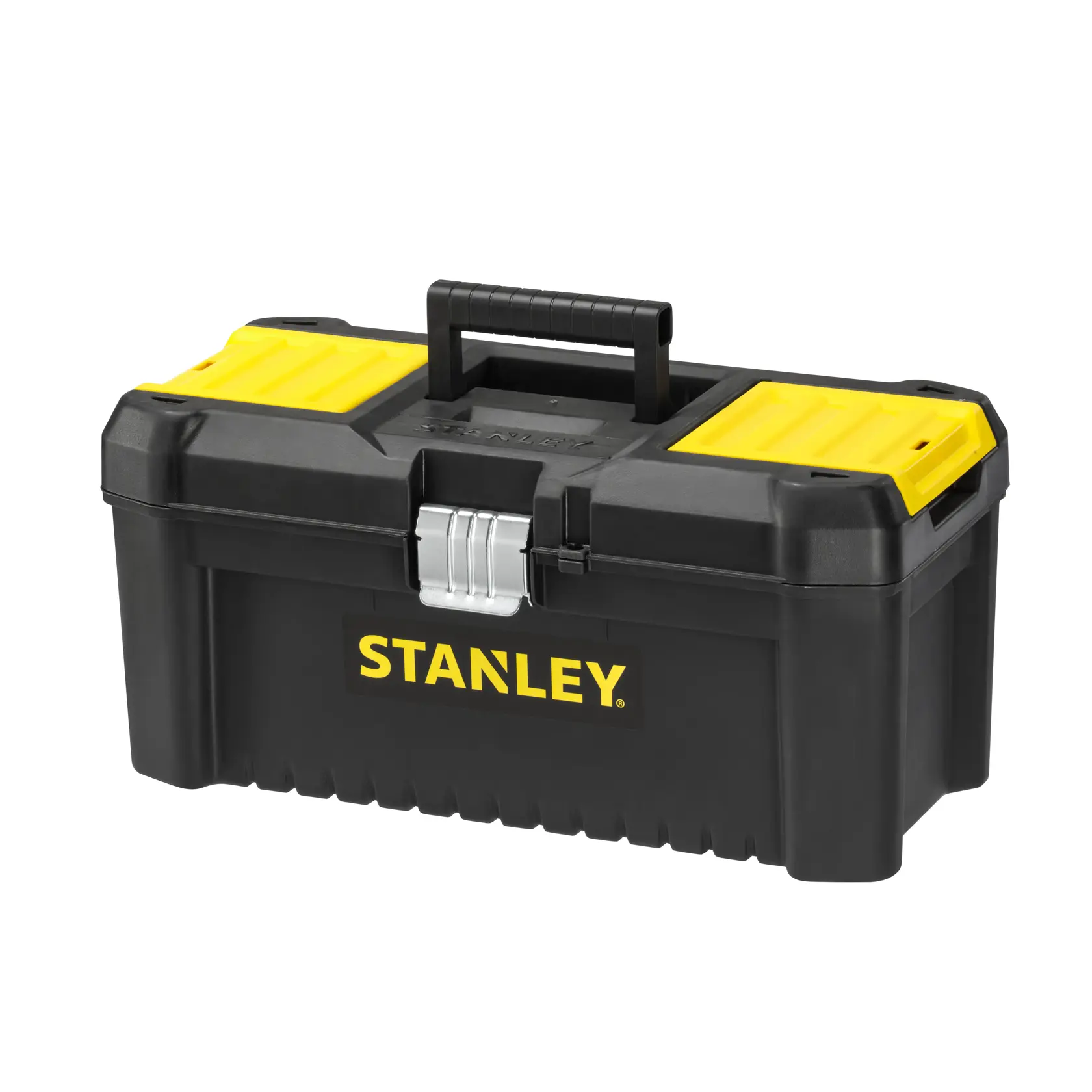 Foto della cassetta degli attrezzi in plastica nera e gialla STANLEY STST1-75518-KR con maniglia, vista frontale.